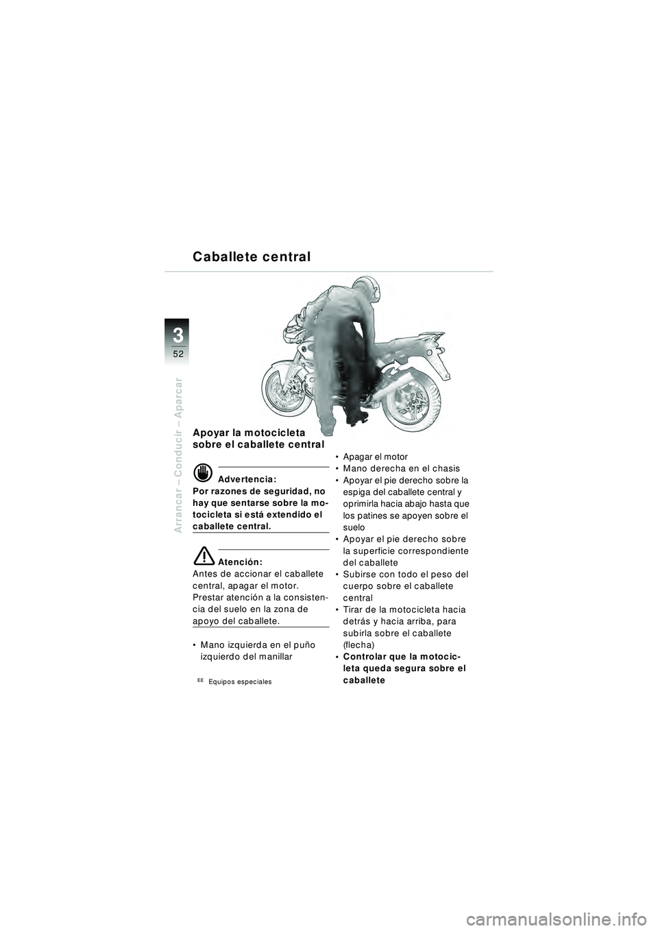 BMW MOTORRAD R 1150 R 2002  Manual de instrucciones (in Spanish) 33
52
Arrancar – Conducir  – Aparcar
Apoyar la motocicleta 
sobre el caballete central
\f Advertencia:
Por razones de seguridad, no 
hay que sentarse sobre la mo-
tocicleta si est á extendido el 