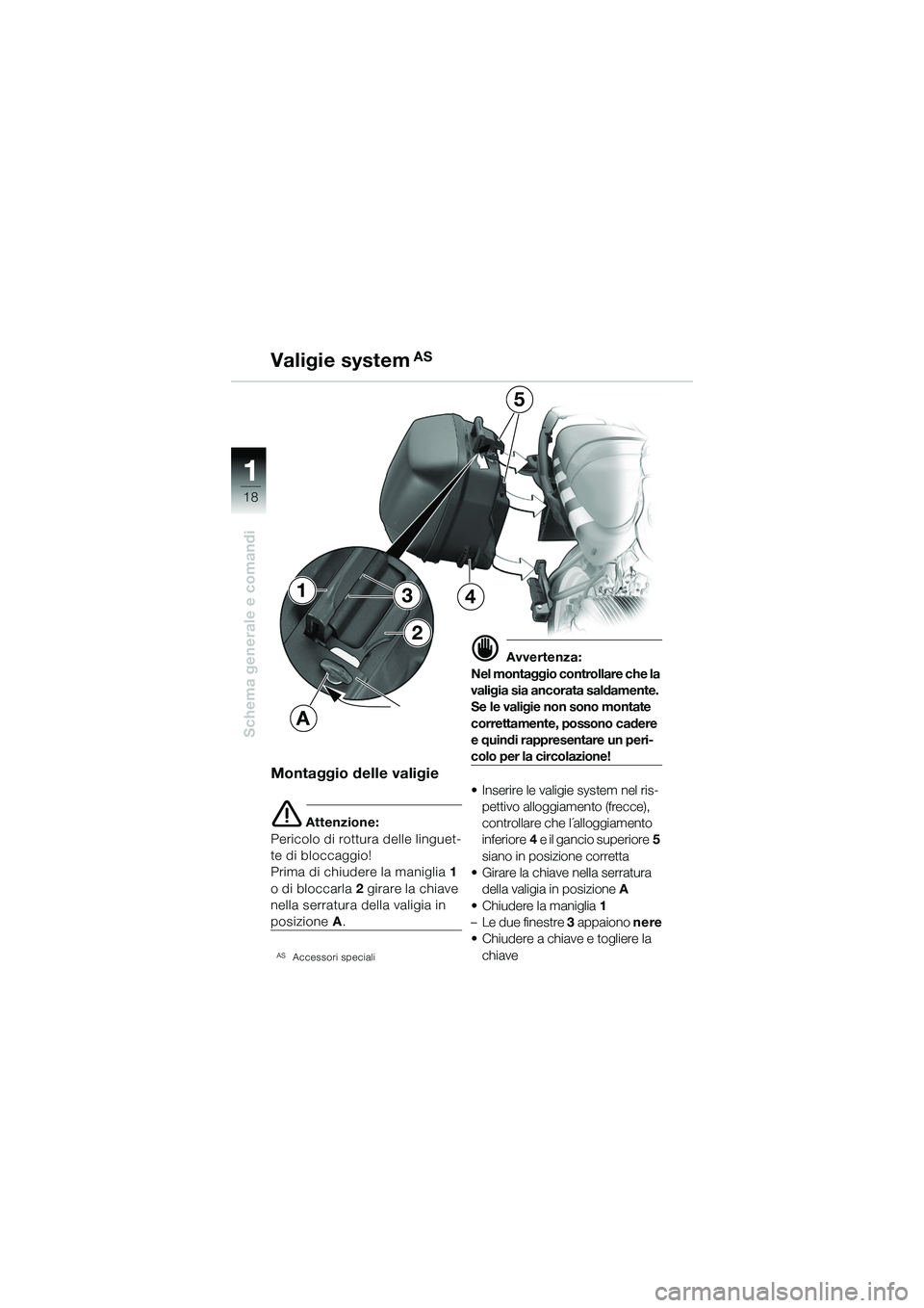 BMW MOTORRAD R 1150 R 2002 Libretto di uso e manutenzione (in Italian) 1
Schema generale e comandi
18
2
1
A
34
Montaggio delle valigie
e Attenzione:
Pericolo di rottura delle linguet-
te di bloccaggio!
Prima di chiudere la maniglia 1
o di bloccarla 2 girare la chiave BMW MOTORRAD R 1150 R 2002 Libretto di uso e manutenzione (in Italian) 1
Schema generale e comandi
18
2
1
A
34
Montaggio delle valigie
e Attenzione:
Pericolo di rottura delle linguet-
te di bloccaggio!
Prima di chiudere la maniglia 1
o di bloccarla 2 girare la chiave