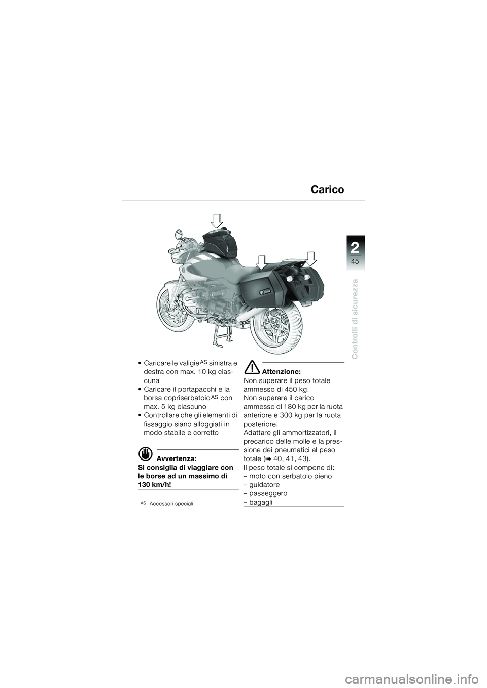 BMW MOTORRAD R 1150 R 2002  Libretto di uso e manutenzione (in Italian) 2
45
2
Controlli di sicurezza
Carico
• Caricare le valigieAS sinistra e 
destra con max. 10 kg cias-
cuna
• Caricare il portapacchi e la  borsa copriserbatoio
AS con 
max. 5 kg ciascuno
• Contro