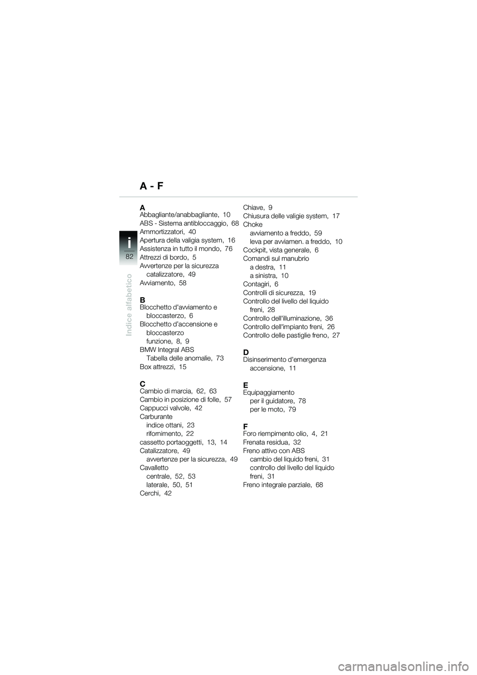 BMW MOTORRAD R 1150 R 2002  Libretto di uso e manutenzione (in Italian) i
82
Indice alfabetico
AAbbagliante/anabbagliante,  10
ABS - Sistema antibloccaggio,  68
Ammortizzatori,  40
Apertura della valigia system,  16
Assistenza in tutto il mondo,  76
Attrezzi di bordo,  5
