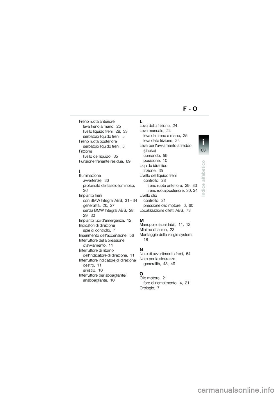 BMW MOTORRAD R 1150 R 2002  Libretto di uso e manutenzione (in Italian) i
83
Indice alfabetico
Freno ruota anterioreleva freno a mano,  25
livello liquido freni,  29,  33
serbatoio liquido freni,  5
Freno ruota posteriore serbatoio liquido freni,  5
Frizione
livello del l