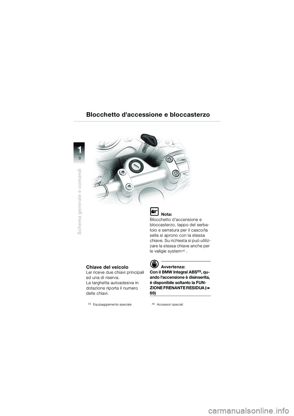 BMW MOTORRAD R 1150 R 2002 Libretto di uso e manutenzione (in Italian) 1
Schema generale e comandi
8
Chiave del veicolo
Lei riceve due chiavi principali
ed una di riserva.
La targhetta autoadesiva in
dotazione riporta il numero
delle chiavi.
ESEquipaggiamento speciale BMW MOTORRAD R 1150 R 2002 Libretto di uso e manutenzione (in Italian) 1
Schema generale e comandi
8
Chiave del veicolo
Lei riceve due chiavi principali
ed una di riserva.
La targhetta autoadesiva in
dotazione riporta il numero
delle chiavi.
ESEquipaggiamento speciale