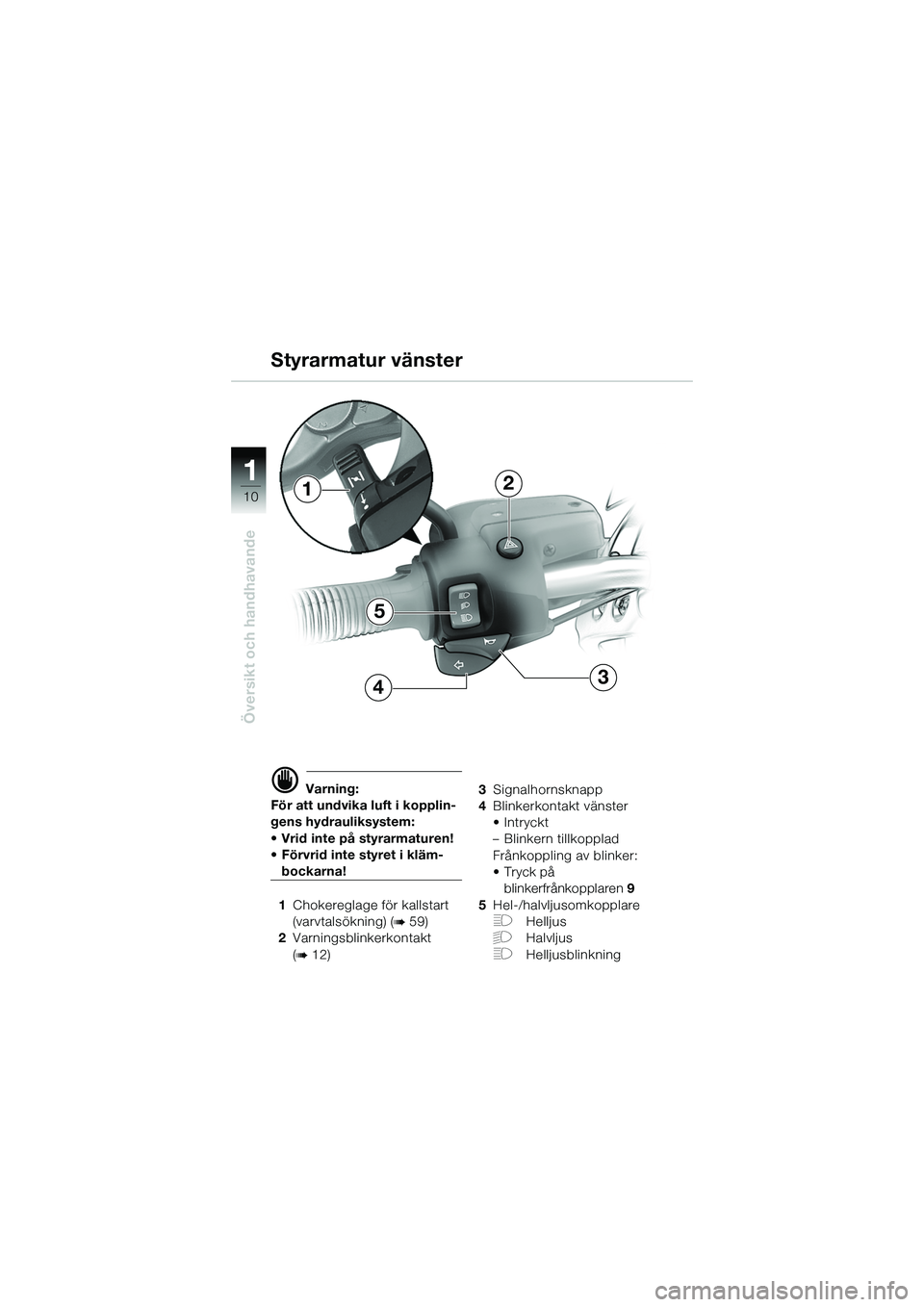 BMW MOTORRAD R 1150 R 2002  Instruktionsbok (in Swedish) 1
Översikt och handhavande
10
5
4
2
3
1
d Varning:
För att undvika luft i kopplin-
gens hydrauliksystem: 
• Vrid inte på styrarmaturen!
• Förvrid inte styret i kläm-
bockarna!
1 Chokereglage 