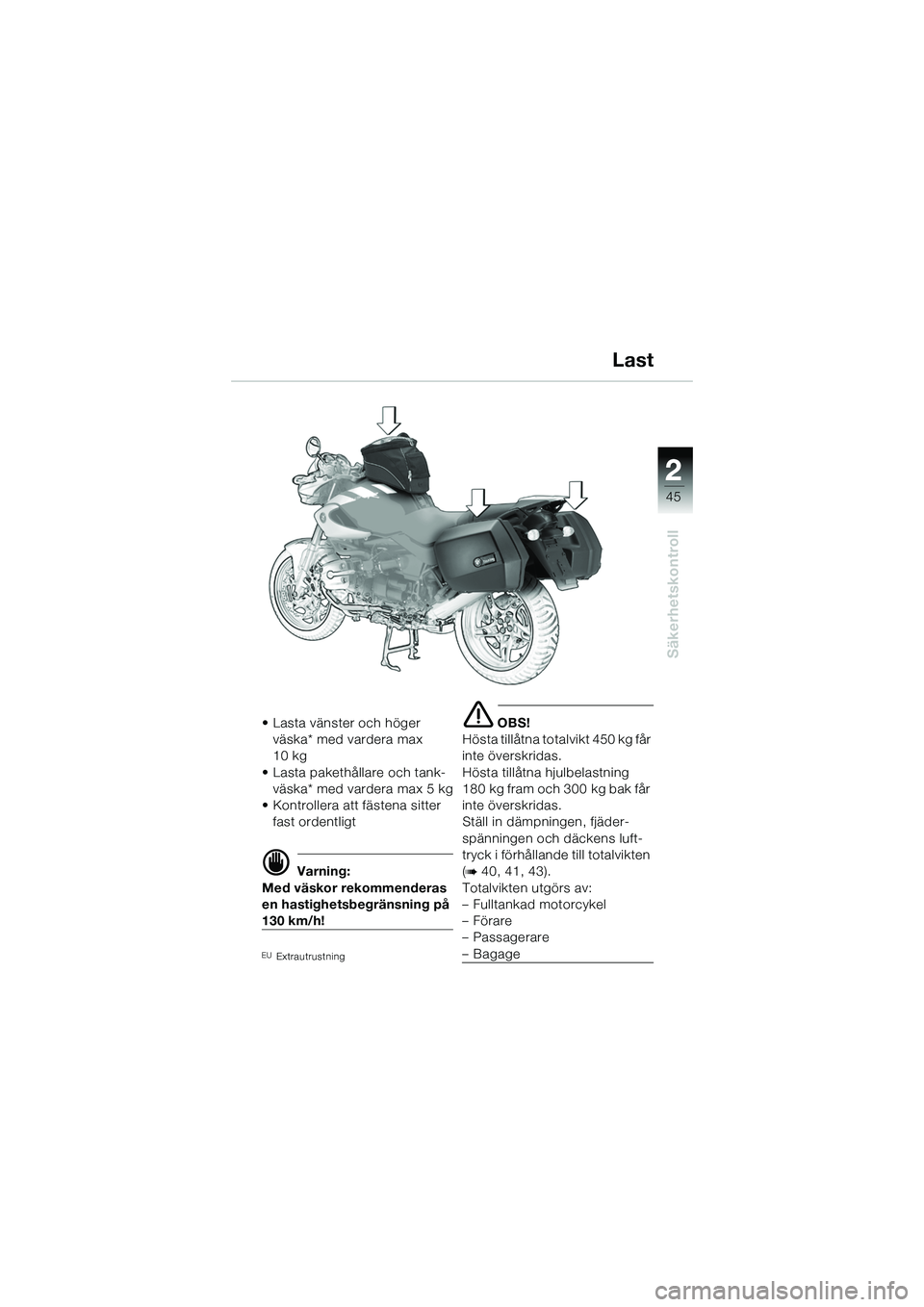 BMW MOTORRAD R 1150 R 2002 Instruktionsbok (in Swedish) 2
45
2
Säkerhetskontroll
Last
• Lasta vänster och höger väska* med vardera max
10 kg
• Lasta pakethållare och tank- väska* med vardera max 5 kg
• Kontrollera att fästena sitter fast ord BMW MOTORRAD R 1150 R 2002 Instruktionsbok (in Swedish) 2
45
2
Säkerhetskontroll
Last
• Lasta vänster och höger väska* med vardera max
10 kg
• Lasta pakethållare och tank- väska* med vardera max 5 kg
• Kontrollera att fästena sitter fast ord