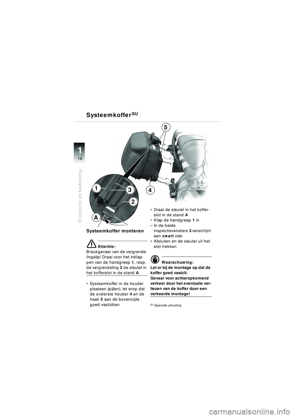 BMW MOTORRAD R 1150 R 2002  Handleiding (in Dutch) 1
Overzicht en bediening
18
Systeemkoffer monteren
e Attentie:
Breukgevaar van de vergrende-
lingslip! Draai voor het inklap-
pen van de handgreep  1, resp. 
de vergrendeling  2 de sleutel in 
het kof