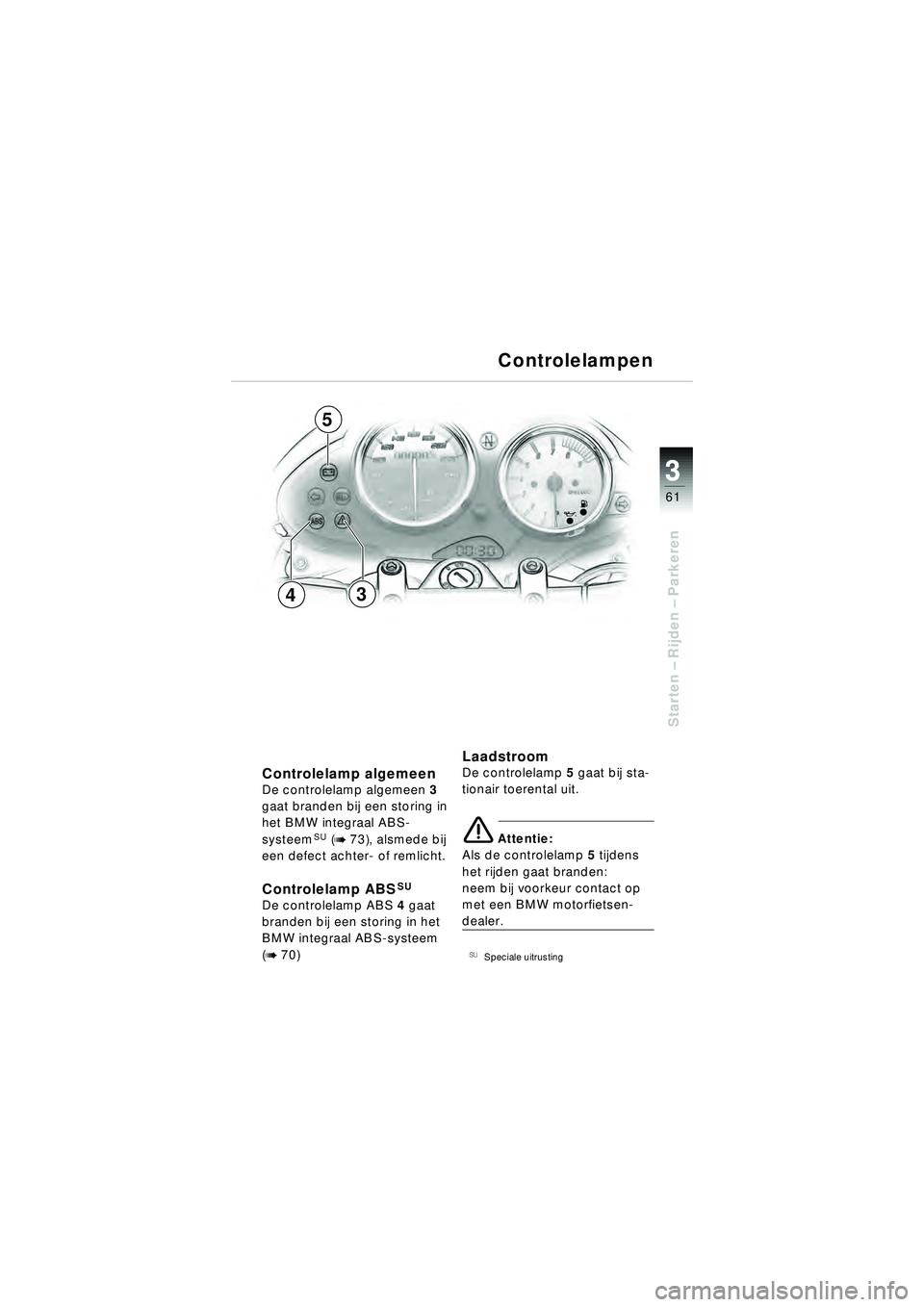 BMW MOTORRAD R 1150 R 2002 Handleiding (in Dutch) 3
61
3
Starten – Rijden – Parkeren
34
5
Controlelamp algemeen De controlelamp algemeen 3
gaat branden bij een storing in
het BMW integraal ABS-
systeem
SU (b 73), alsmede bij
een defect achter BMW MOTORRAD R 1150 R 2002 Handleiding (in Dutch) 3
61
3
Starten – Rijden – Parkeren
34
5
Controlelamp algemeen De controlelamp algemeen 3
gaat branden bij een storing in
het BMW integraal ABS-
systeem
SU (b 73), alsmede bij
een defect achter