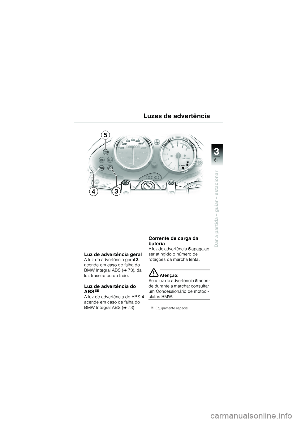 BMW MOTORRAD R 1150 R 2002 Manual do condutor (in Portuguese) 3
61
3
Dar a partida – guiar – estacionar
34
5
Luz de advertência geral A luz de advertência geral3
acende em caso de falha do
BMW Integral ABS (
b 73), da
luz traseira ou do freio.
Luz de ad BMW MOTORRAD R 1150 R 2002 Manual do condutor (in Portuguese) 3
61
3
Dar a partida – guiar – estacionar
34
5
Luz de advertência geral A luz de advertência geral3
acende em caso de falha do
BMW Integral ABS (
b 73), da
luz traseira ou do freio.
Luz de ad