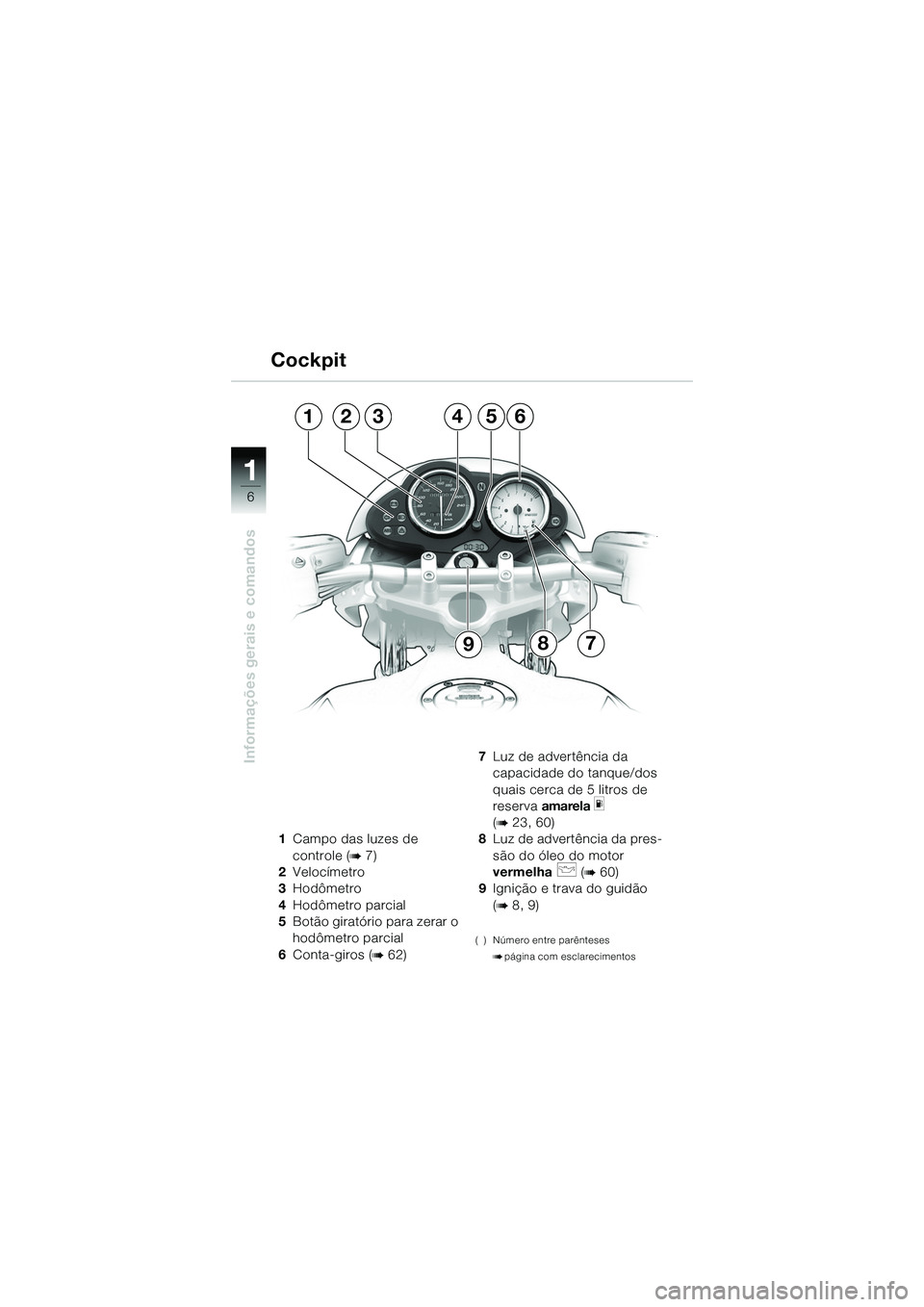 BMW MOTORRAD R 1150 R 2002 Manual do condutor (in Portuguese) 1
Informações gerais e comandos
6
321
7
45
8
6
9
1Campo das luzes de
controle (
b 7)
2 Velocímetro
3 Hodômetro
4 Hodômetro parcial
5 Botão giratório para zerar o
hodômetro parcial
6 Conta-gi BMW MOTORRAD R 1150 R 2002 Manual do condutor (in Portuguese) 1
Informações gerais e comandos
6
321
7
45
8
6
9
1Campo das luzes de
controle (
b 7)
2 Velocímetro
3 Hodômetro
4 Hodômetro parcial
5 Botão giratório para zerar o
hodômetro parcial
6 Conta-gi