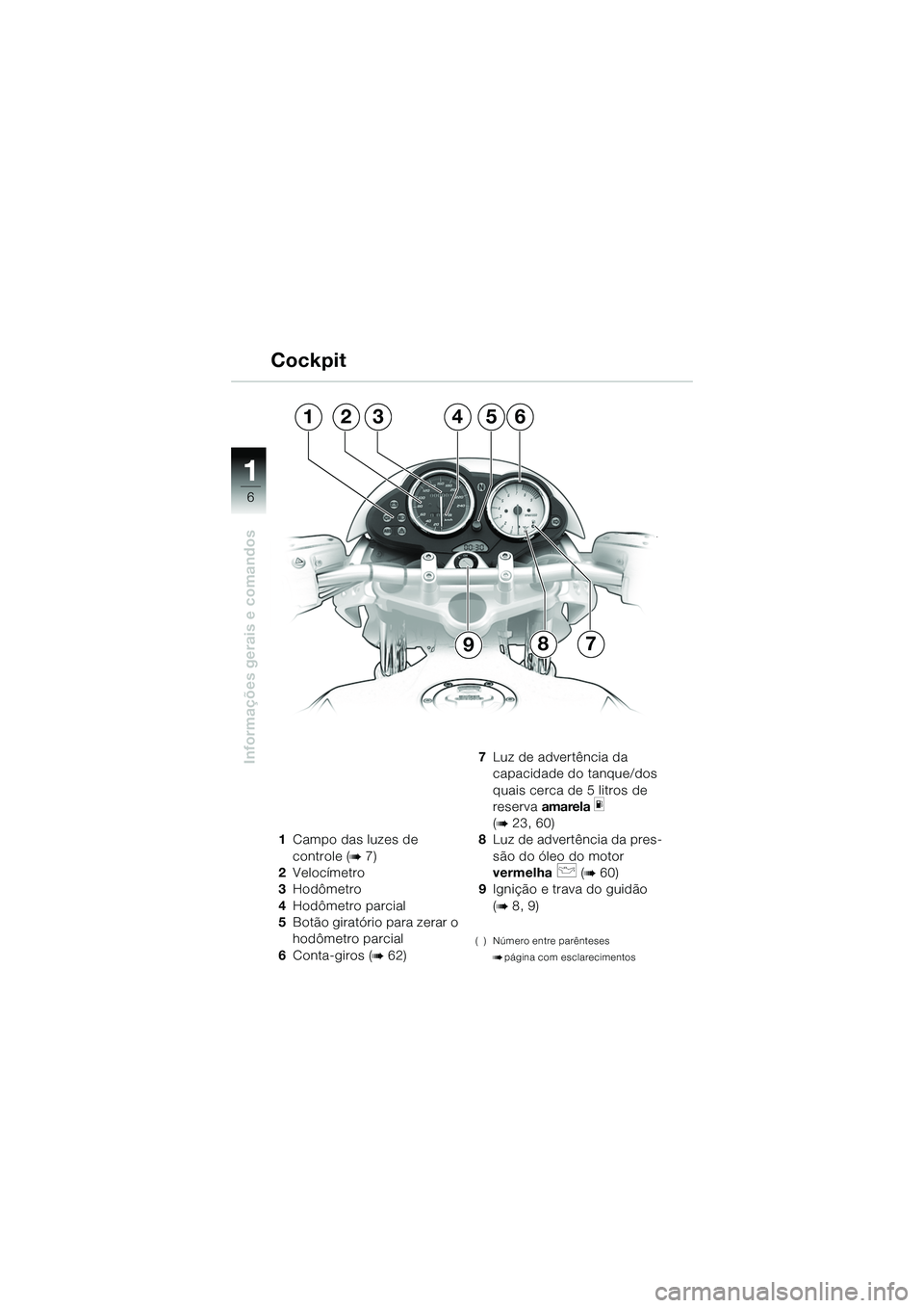 BMW MOTORRAD R 1150 R 2002  Manual do condutor (in Portuguese) 1
Informações gerais e comandos
6
321
7
45
8
6
9
1Campo das luzes de 
controle (
b 7)
2 Velocímetro
3 Hodômetro
4 Hodômetro parcial
5 Botão giratório para zerar o 
hodômetro parcial
6 Conta-gi