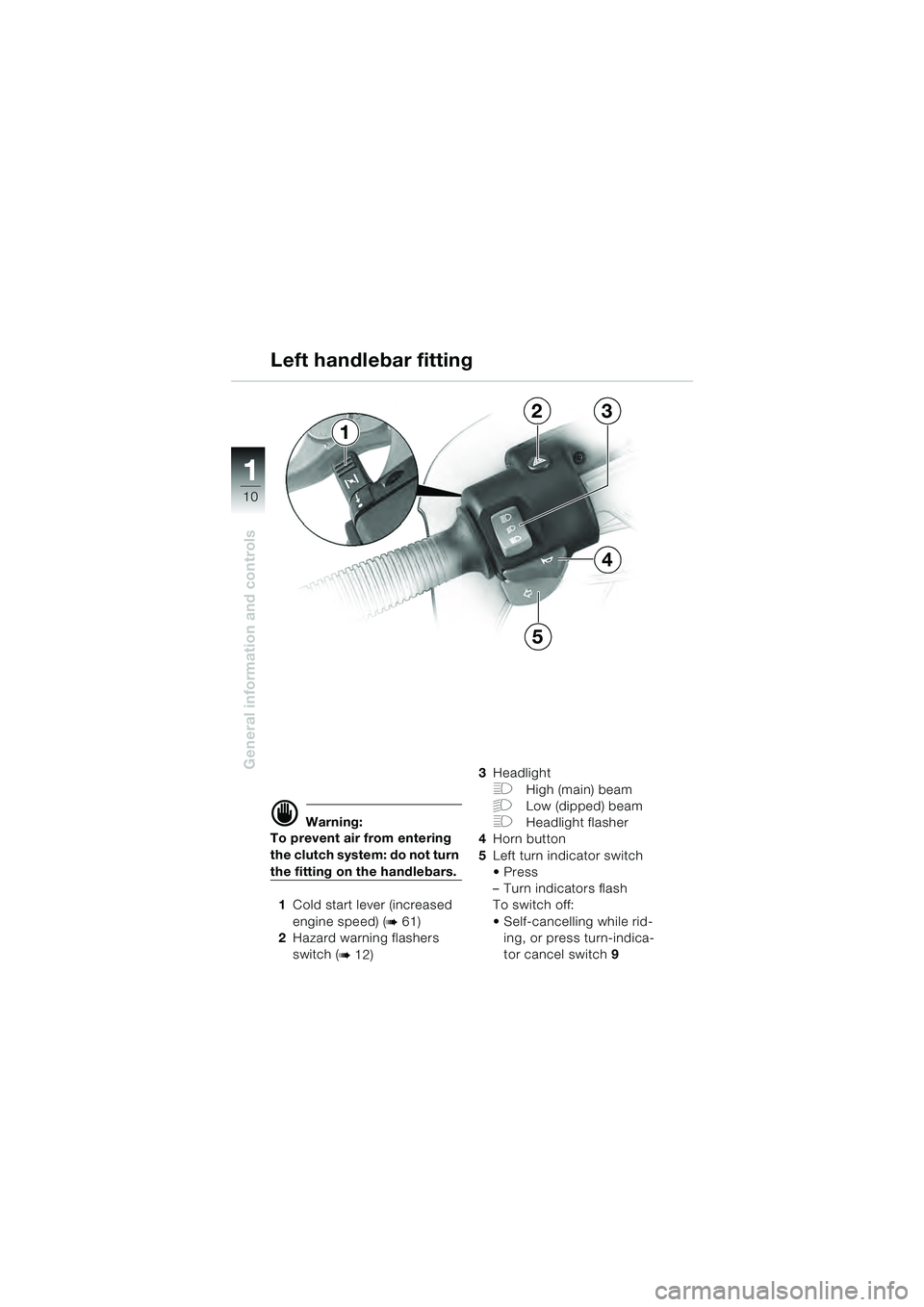 BMW MOTORRAD R 1100 S 2000  Riders Manual (in English) 11
10
General information and controls
d Warning:
To prevent air from entering 
the clutch system: do not turn 
the fitting on the handlebars.
1 Cold start lever (increased 
engine speed) (
b 61)
2 Ha