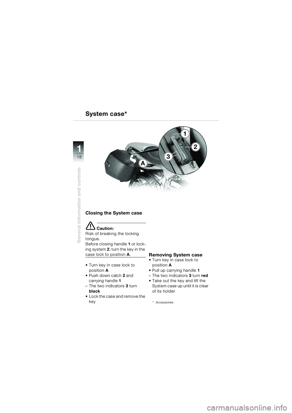 BMW MOTORRAD R 1100 S 2000  Riders Manual (in English) 11
18
General information and controls
A
3
1
2
Closing the System case
e Caution:
Risk of breaking the locking 
tongue. 
Before closing handle  1 or lock-
ing system  2, turn the key in the 
case lock