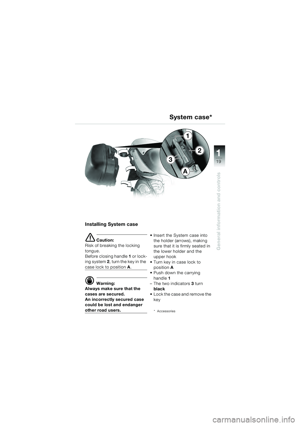 BMW MOTORRAD R 1100 S 2000  Riders Manual (in English) 11
19
General information and controls
3
1
2
A
Installing System case
e Caution:
Risk of breaking the locking 
tongue. 
Before closing handle  1 or lock-
ing system  2, turn the key in the 
case lock 