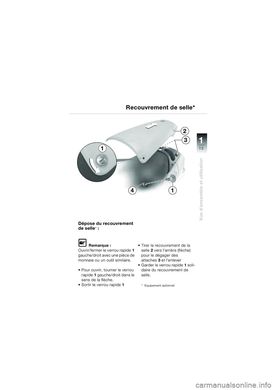 BMW MOTORRAD R 1100 S 2000  Livret de bord (in French) 11
13
Vue densemble et utilisation
2
3
14
1
Dépose du recouvrement 
de selle
* :
L Remarque :
Ouvrir/fermer le verrou rapide 1 
gauche/droit avec une pièce de 
monnaie ou un outil similaire.
 Pour 
