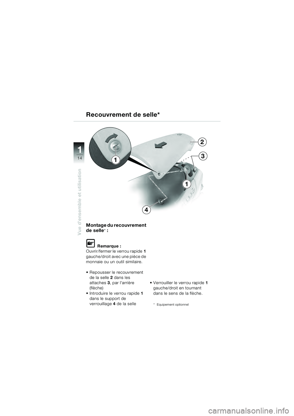 BMW MOTORRAD R 1100 S 2000  Livret de bord (in French) 11
14
Vue densemble et utilisation
Montage du recouvrement 
de selle
* :
L Remarque :
Ouvrir/fermer le verrou rapide 1 
gauche/droit avec une pièce de 
monnaie ou un outil similaire.
 Repousser le r
