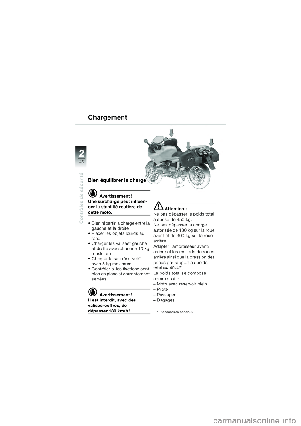 BMW MOTORRAD R 1100 S 2000 Livret de bord (in French) 2
46
Contrôles de sécurité
2
Bien équilibrer la charge
d Avertissement !
Une surcharge peut influen-
cer la stabilité routière de
cette moto.
Bien répartir la charge entre la gauche et la dr BMW MOTORRAD R 1100 S 2000 Livret de bord (in French) 2
46
Contrôles de sécurité
2
Bien équilibrer la charge
d Avertissement !
Une surcharge peut influen-
cer la stabilité routière de
cette moto.
Bien répartir la charge entre la gauche et la dr