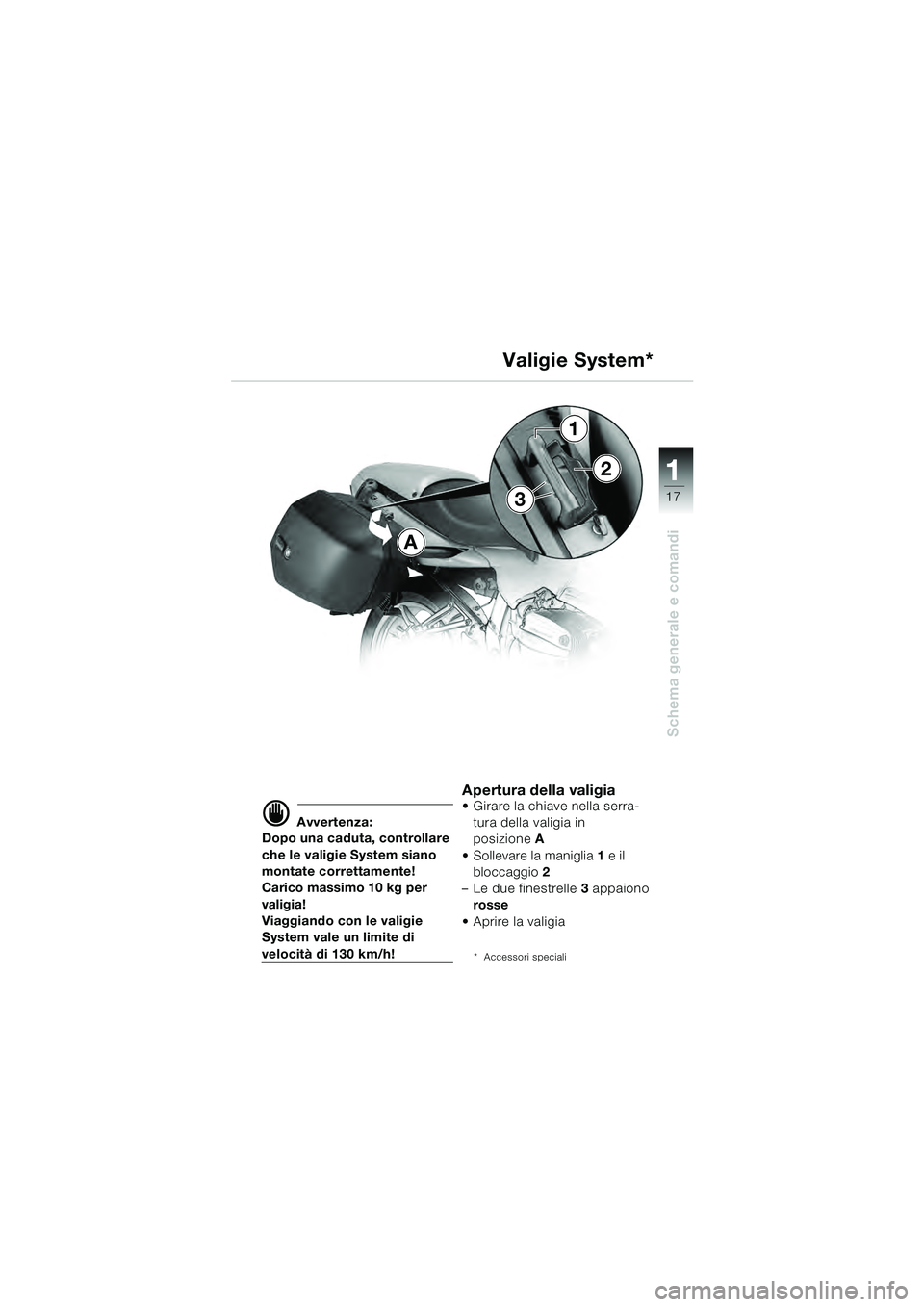 BMW MOTORRAD R 1100 S 2000 Libretto di uso e manutenzione (in Italian) 11
17
Schema generale e comandi
A
3
1
2
d Avvertenza:
Dopo una caduta, controllare
che le valigie System siano
montate correttamente!
Carico massimo 10 kg per
valigia!
Viaggiando con le valigie
Sy BMW MOTORRAD R 1100 S 2000 Libretto di uso e manutenzione (in Italian) 11
17
Schema generale e comandi
A
3
1
2
d Avvertenza:
Dopo una caduta, controllare
che le valigie System siano
montate correttamente!
Carico massimo 10 kg per
valigia!
Viaggiando con le valigie
Sy