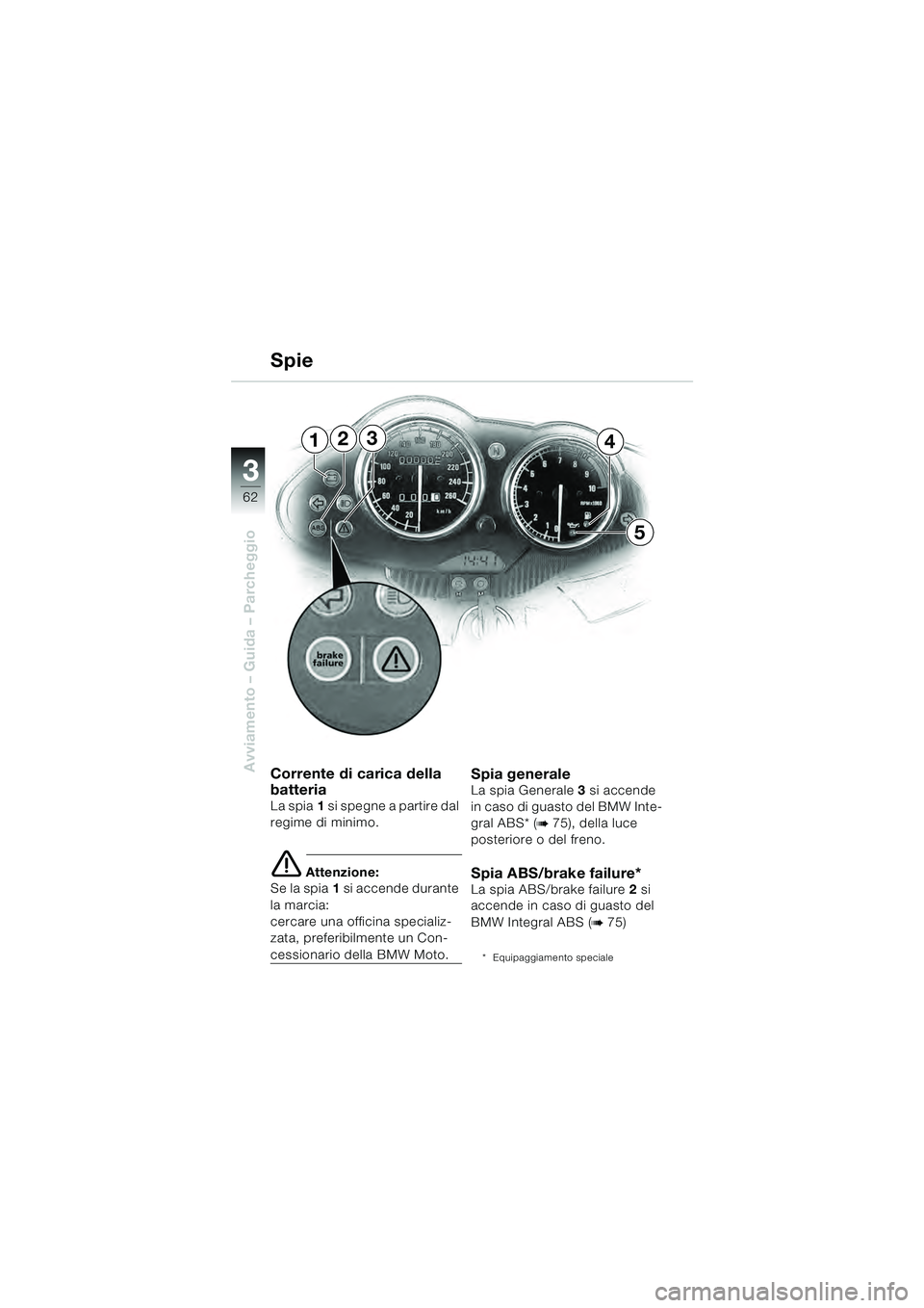 BMW MOTORRAD R 1100 S 2000 Libretto di uso e manutenzione (in Italian) 62
Avviamento – Guida – Parcheggio
3
234
5
1
Corrente di carica della
batteria
La spia1 si spegne a partire dal
regime di minimo.
e Attenzione:
Se la spia 1 si accende durante
la marcia:
cerca BMW MOTORRAD R 1100 S 2000 Libretto di uso e manutenzione (in Italian) 62
Avviamento – Guida – Parcheggio
3
234
5
1
Corrente di carica della
batteria
La spia1 si spegne a partire dal
regime di minimo.
e Attenzione:
Se la spia 1 si accende durante
la marcia:
cerca