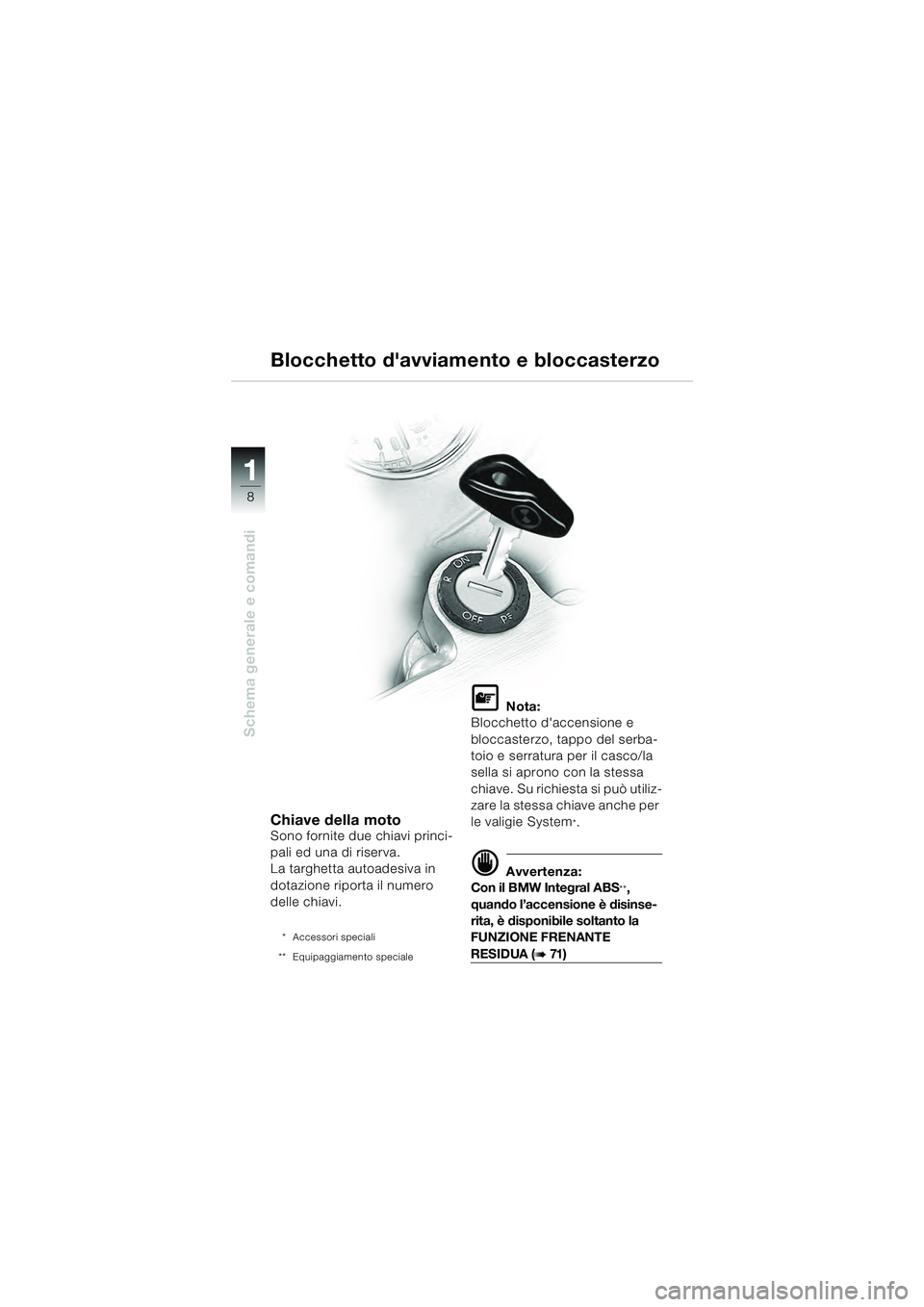 BMW MOTORRAD R 1100 S 2000 Libretto di uso e manutenzione (in Italian) 11
8
Schema generale e comandi
Chiave della motoSono fornite due chiavi princi-
pali ed una di riserva.
La targhetta autoadesiva in
dotazione riporta il numero
delle chiavi.
* Accessori speciali
** BMW MOTORRAD R 1100 S 2000 Libretto di uso e manutenzione (in Italian) 11
8
Schema generale e comandi
Chiave della motoSono fornite due chiavi princi-
pali ed una di riserva.
La targhetta autoadesiva in
dotazione riporta il numero
delle chiavi.
* Accessori speciali
**
