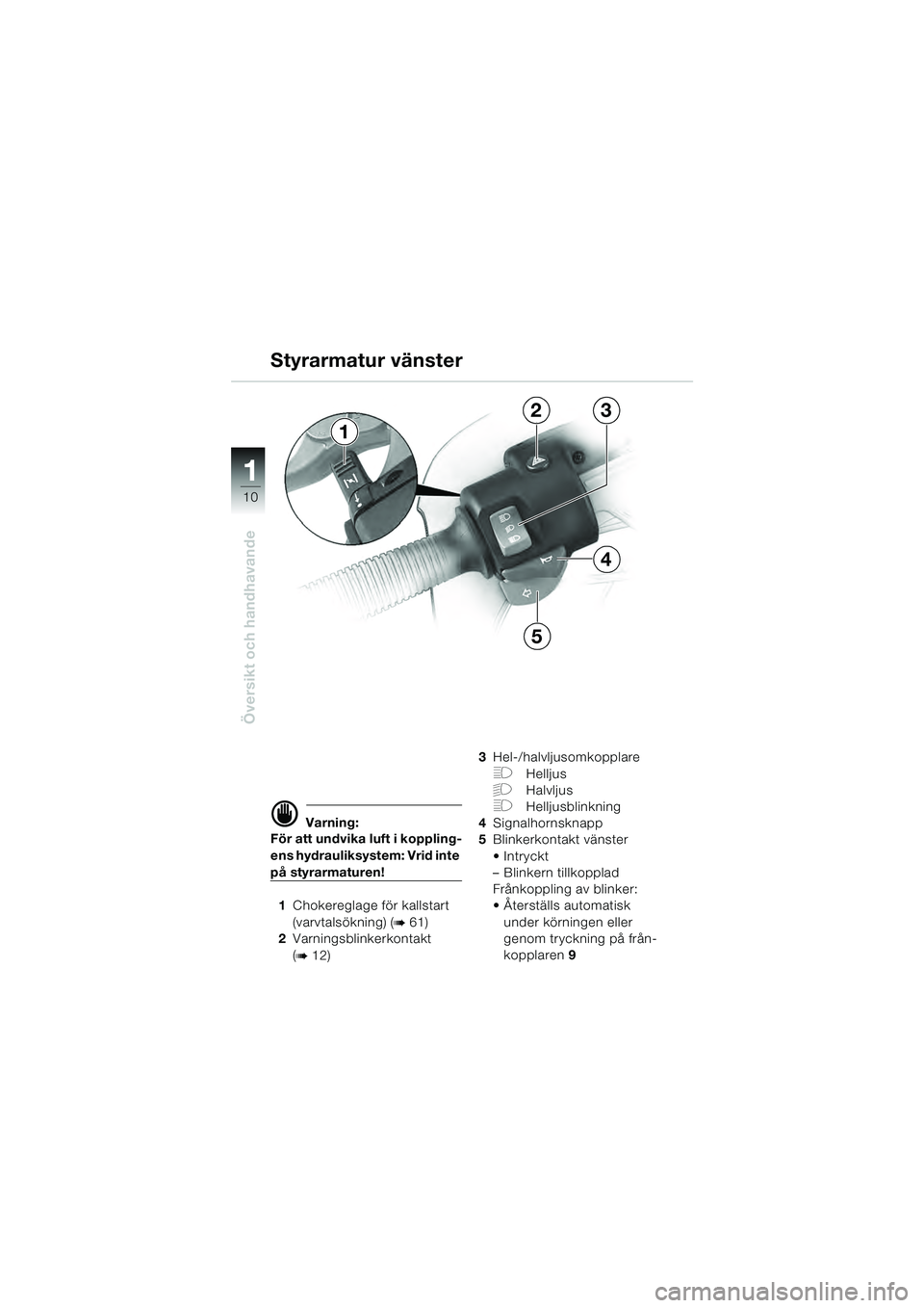 BMW MOTORRAD R 1100 S 2000  Instruktionsbok (in Swedish) 11
10
Översikt och handhavande
d Varning:
För att undvika luft i koppling-
ens hydrauliksystem: Vrid inte 
på styrarmaturen!
1 Chokereglage för kallstart 
(varvtalsökning) (
b 61)
2 Varningsblink