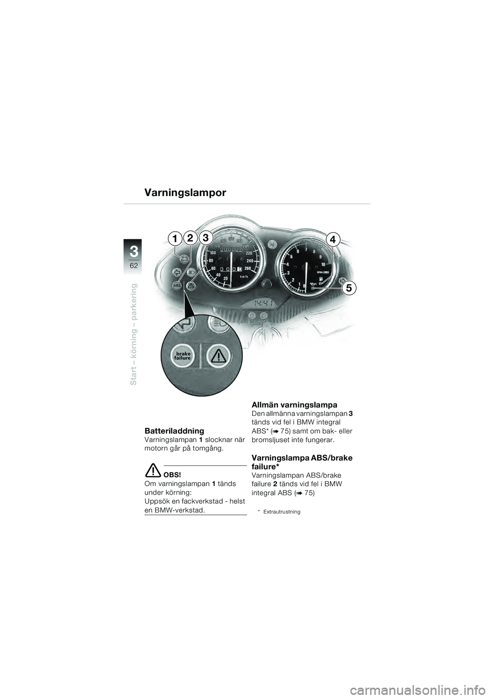 BMW MOTORRAD R 1100 S 2000  Instruktionsbok (in Swedish) 62
Start – körning – parkering
3
234
5
1
BatteriladdningVarningslampan1 slocknar när 
motorn går på tomgång.
e OBS!
Om varningslampan 1 tänds 
under körning: 
Uppsök en fackverkstad - hels