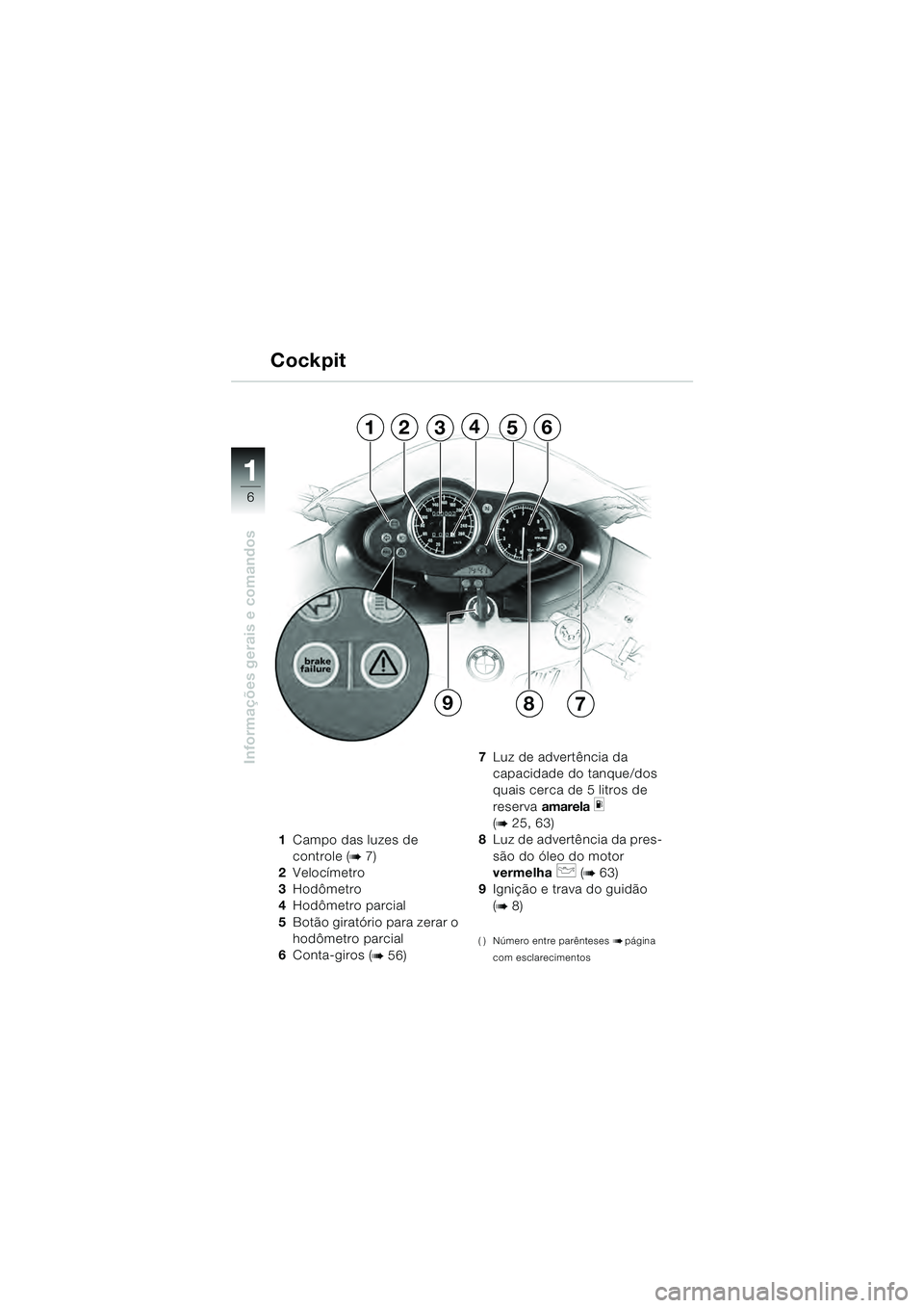 BMW MOTORRAD R 1100 S 2000 Manual do condutor (in Portuguese) 11
6
Informações gerais e comandos
1Campo das luzes de
controle (
b 7)
2 Velocímetro
3 Hodômetro
4 Hodômetro parcial
5 Botão giratório para zerar o
hodômetro parcial
6 Conta-giros (
b 56) 7
BMW MOTORRAD R 1100 S 2000 Manual do condutor (in Portuguese) 11
6
Informações gerais e comandos
1Campo das luzes de
controle (
b 7)
2 Velocímetro
3 Hodômetro
4 Hodômetro parcial
5 Botão giratório para zerar o
hodômetro parcial
6 Conta-giros (
b 56) 7