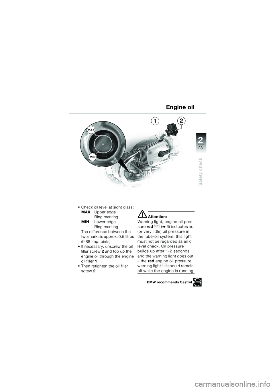 BMW MOTORRAD R 1100 S 2002  Riders Manual (in English) 2
23
Safety check
1
MAX
2
MIN
• Check oil level at sight glass:MAX Upper edge 
Ring marking
MIN Lower edge 
Ring marking
– The difference between the  two marks is approx. 0.5 litres 
(0.88 Imp. p