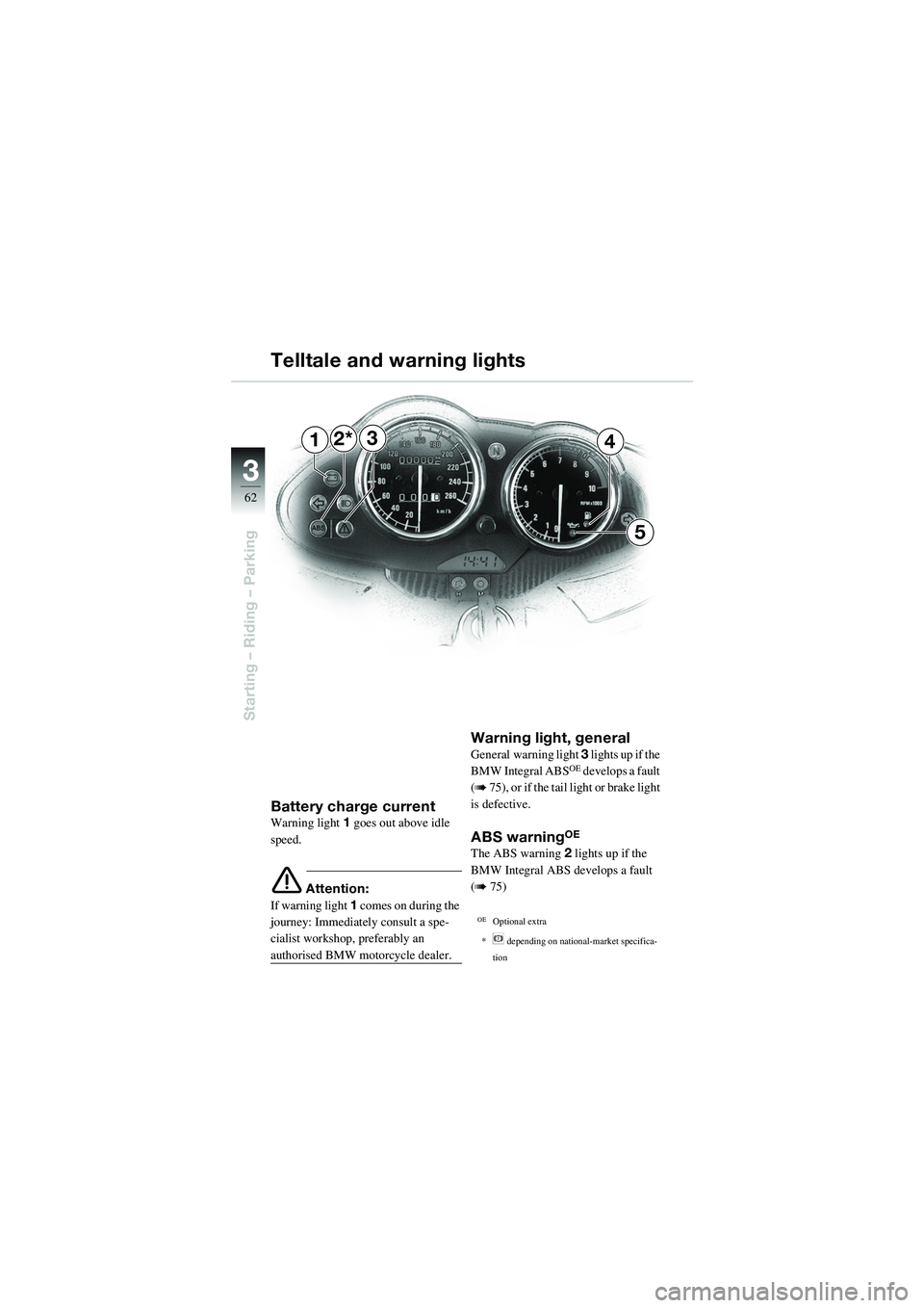 BMW MOTORRAD R 1100 S 2002 Riders Manual (in English) 62
Starting – Riding – Parking
3
2*34
5
1
Battery charge currentWarning light1 goes out above idle
speed.
e Attention:
If warning light 1 comes on during the
journey: Immediately consult a spe- BMW MOTORRAD R 1100 S 2002 Riders Manual (in English) 62
Starting – Riding – Parking
3
2*34
5
1
Battery charge currentWarning light1 goes out above idle
speed.
e Attention:
If warning light 1 comes on during the
journey: Immediately consult a spe-