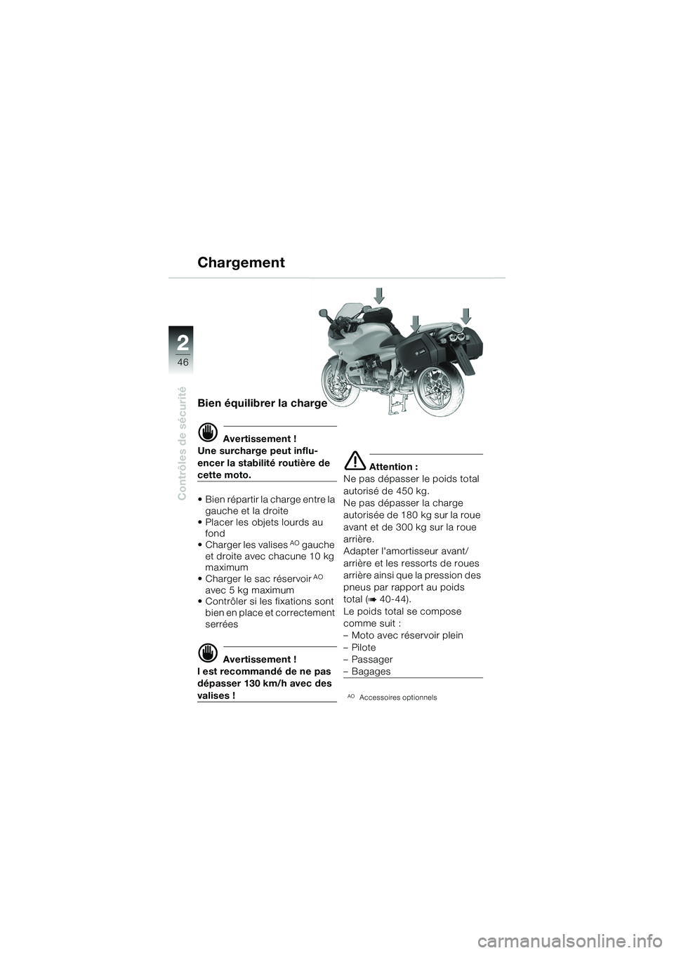 BMW MOTORRAD R 1100 S 2002 Livret de bord (in French) 2
46
Contrôles de sécurité
2
Bien équilibrer la charge
d Avertissement !
Une surcharge peut influ-
encer la stabilité routière de
cette moto.
• Bien répartir la charge entre la gauche et la BMW MOTORRAD R 1100 S 2002 Livret de bord (in French) 2
46
Contrôles de sécurité
2
Bien équilibrer la charge
d Avertissement !
Une surcharge peut influ-
encer la stabilité routière de
cette moto.
• Bien répartir la charge entre la gauche et la