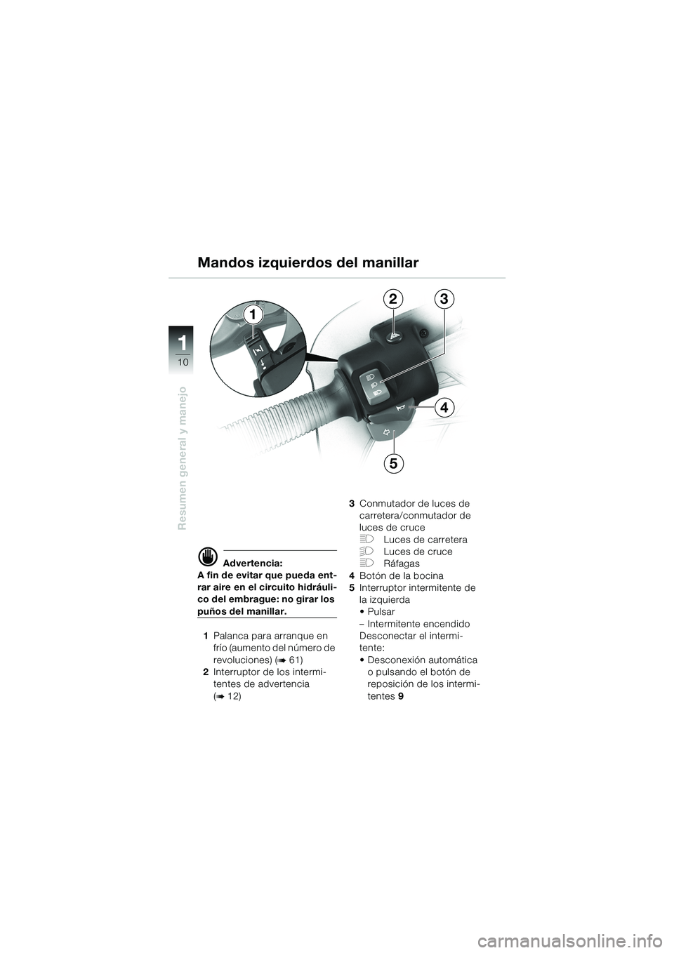 BMW MOTORRAD R 1100 S 2002 Manual de instrucciones (in Spanish) 11
10
Resumen general y manejo
23
4
5
1
d Advertencia:
A fin de evitar que pueda ent-
rar aire en el circuito hidráuli-
co del embrague: no girar los
puños del manillar.
1 Palanca para arranque en BMW MOTORRAD R 1100 S 2002 Manual de instrucciones (in Spanish) 11
10
Resumen general y manejo
23
4
5
1
d Advertencia:
A fin de evitar que pueda ent-
rar aire en el circuito hidráuli-
co del embrague: no girar los
puños del manillar.
1 Palanca para arranque en