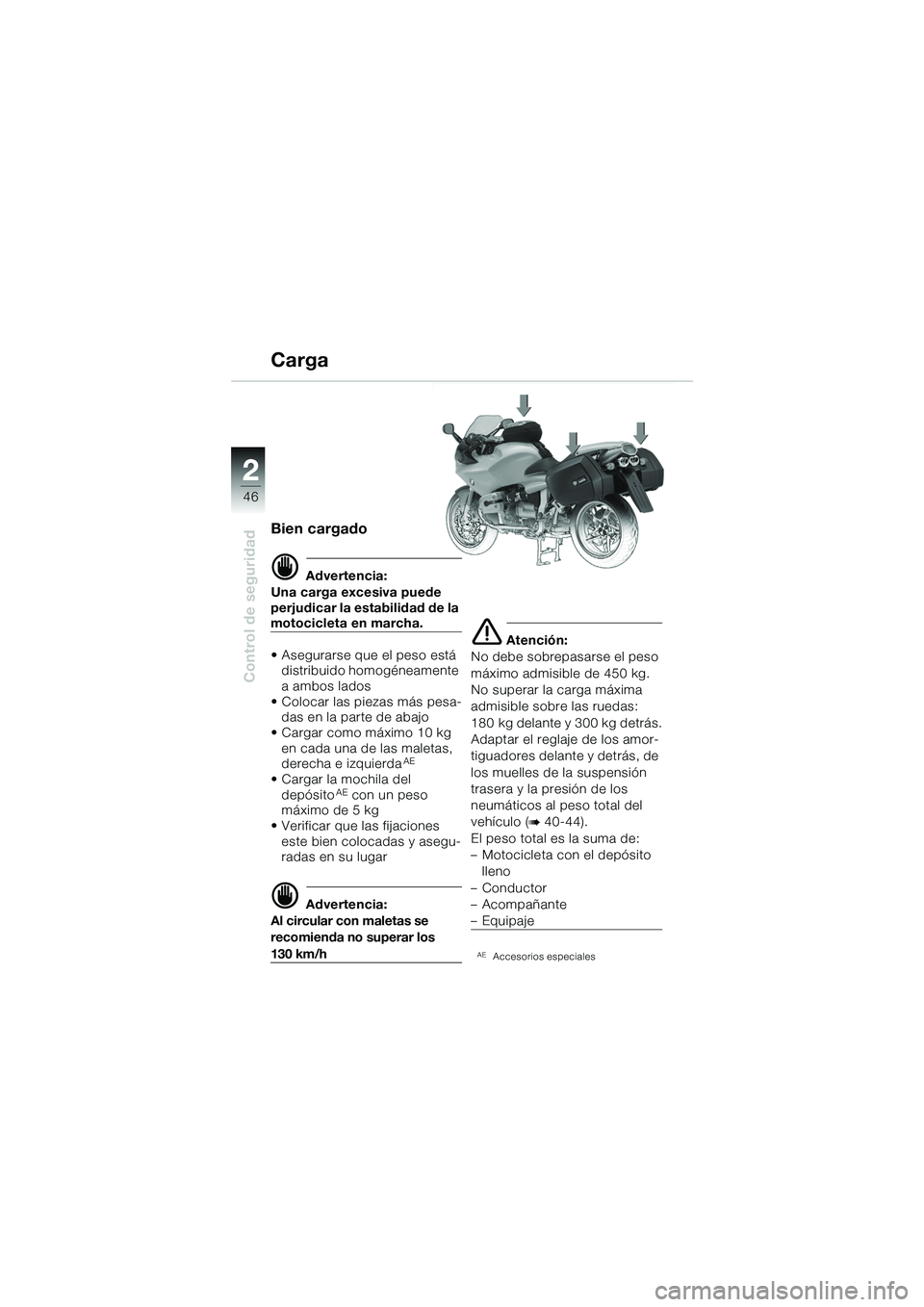 BMW MOTORRAD R 1100 S 2002 Manual de instrucciones (in Spanish) 2
46
Control de seguridad
2
Bien cargado
d Advertencia:
Una carga excesiva puede
perjudicar la estabilidad de la
motocicleta en marcha.
• Asegurarse que el peso está distribuido homogéneamente BMW MOTORRAD R 1100 S 2002 Manual de instrucciones (in Spanish) 2
46
Control de seguridad
2
Bien cargado
d Advertencia:
Una carga excesiva puede
perjudicar la estabilidad de la
motocicleta en marcha.
• Asegurarse que el peso está distribuido homogéneamente