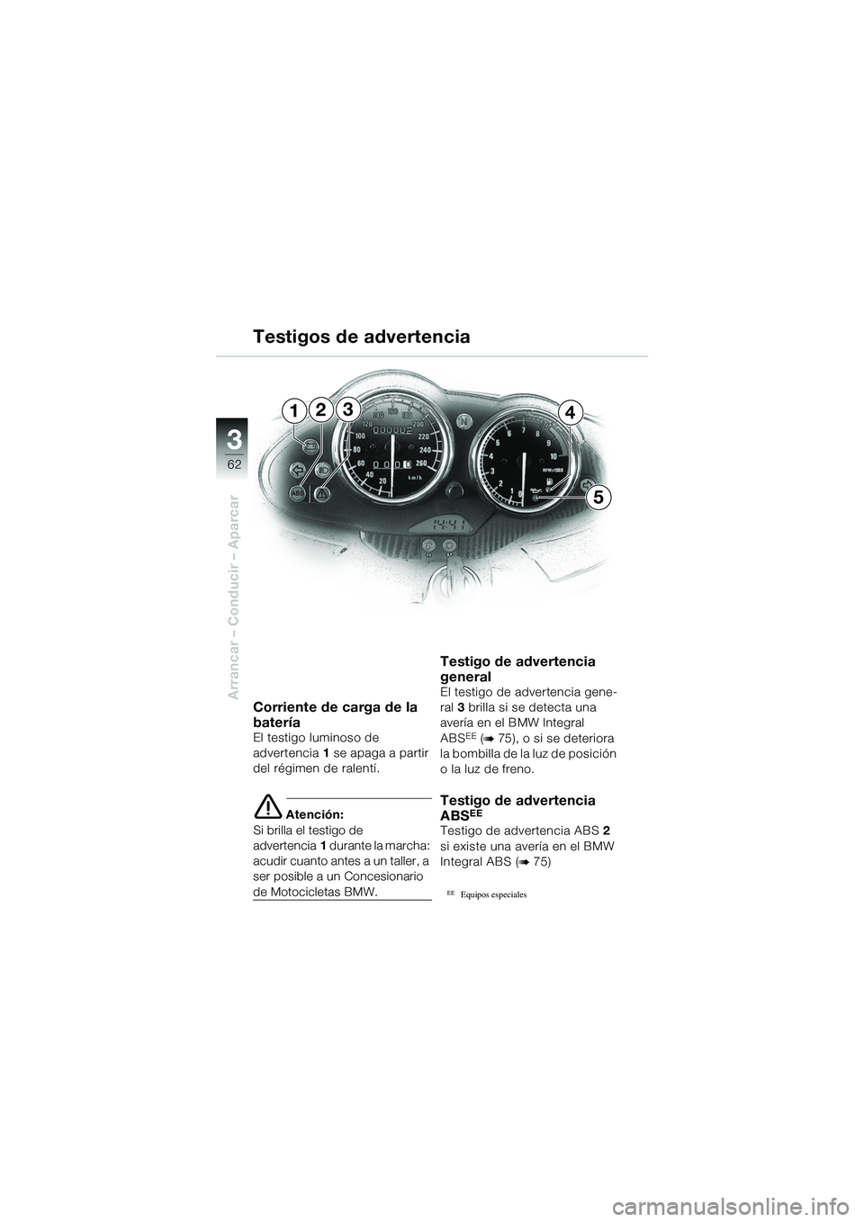 BMW MOTORRAD R 1100 S 2002 Manual de instrucciones (in Spanish) 62
Arrancar – Conducir – Aparcar
3
234
5
1
Corriente de carga de la
batería
El testigo luminoso de
advertencia1 se apaga a partir
del régimen de ralentí.
e Atención:
Si brilla el testigo de BMW MOTORRAD R 1100 S 2002 Manual de instrucciones (in Spanish) 62
Arrancar – Conducir – Aparcar
3
234
5
1
Corriente de carga de la
batería
El testigo luminoso de
advertencia1 se apaga a partir
del régimen de ralentí.
e Atención:
Si brilla el testigo de