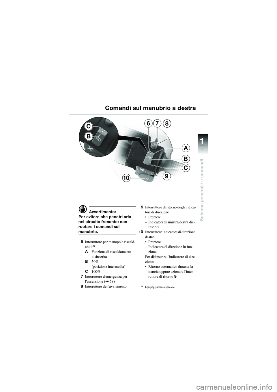 BMW MOTORRAD R 1100 S 2002  Libretto di uso e manutenzione (in Italian) 11
11
Schema generale e comandi
7
B
C
A
68
910
C
B
d Avvertimento:
Per evitare che penetri aria 
nel circuito frenante: non 
ruotare i comandi sul 
manubrio.
6 Interruttore per manopole riscald-
abili