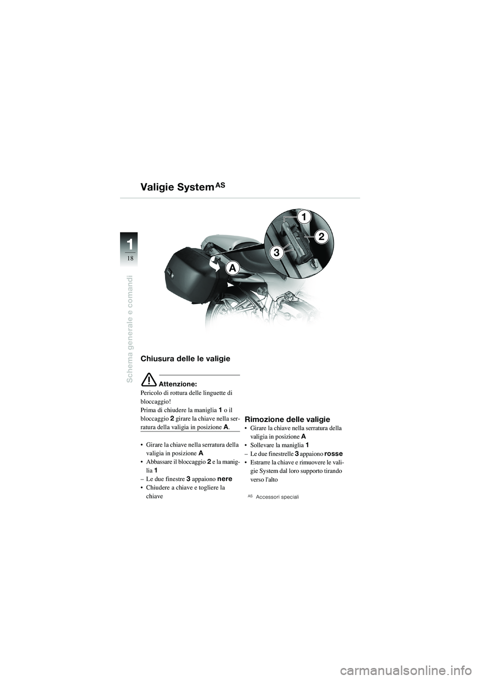 BMW MOTORRAD R 1100 S 2002  Libretto di uso e manutenzione (in Italian) 11
18
Schema generale e comandi
A
3
1
2
Chiusura delle le valigie
e Attenzione:
Pericolo di rottura delle linguette di 
bloccaggio! 
Prima di chiudere la maniglia  1 o il 
bloccaggio  2 girare la chia