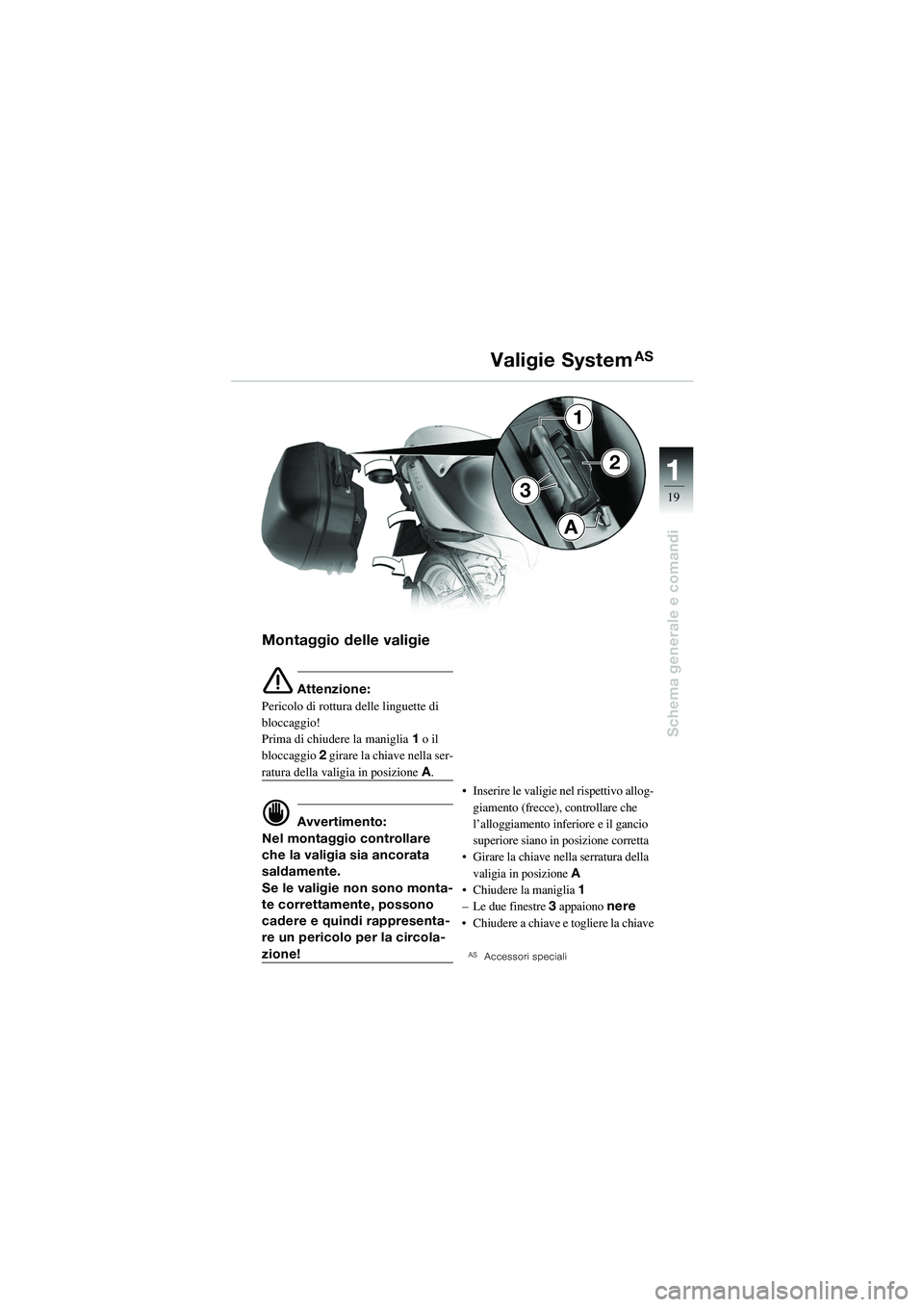 BMW MOTORRAD R 1100 S 2002  Libretto di uso e manutenzione (in Italian) 11
19
Schema generale e comandi
3
1
2
A
Montaggio delle valigie
e Attenzione:
Pericolo di rottura  delle linguette di 
bloccaggio! 
Prima di chiudere la maniglia  1 o il 
bloccaggio  2 girare la chiav