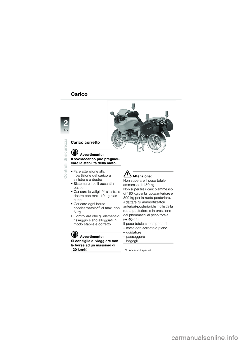 BMW MOTORRAD R 1100 S 2002  Libretto di uso e manutenzione (in Italian) 2
46
Controlli di sicurezza
2
Carico corretto
d Avvertimento:
Il sovraccarico può pregiudi-
care la stabilità della moto.
• Fare attenzione alla  ripartizione del carico a 
sinistra e a destra
•