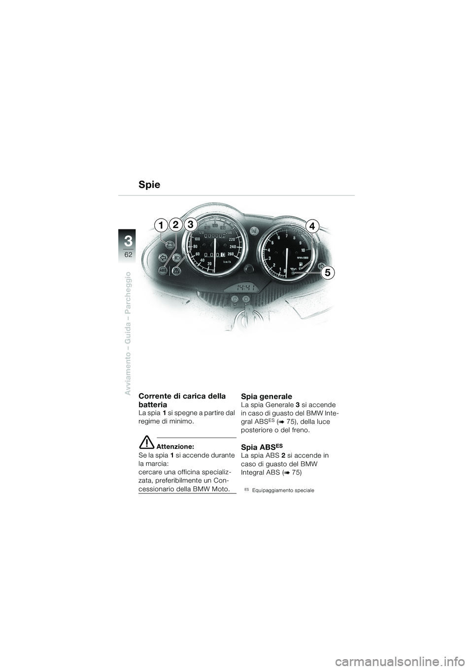 BMW MOTORRAD R 1100 S 2002 Libretto di uso e manutenzione (in Italian) 62
Avviamento – Guida – Parcheggio
3
234
5
1
Corrente di carica della
batteria
La spia1 si spegne a partire dal
regime di minimo.
e Attenzione:
Se la spia 1 si accende durante
la marcia:
cerca BMW MOTORRAD R 1100 S 2002 Libretto di uso e manutenzione (in Italian) 62
Avviamento – Guida – Parcheggio
3
234
5
1
Corrente di carica della
batteria
La spia1 si spegne a partire dal
regime di minimo.
e Attenzione:
Se la spia 1 si accende durante
la marcia:
cerca