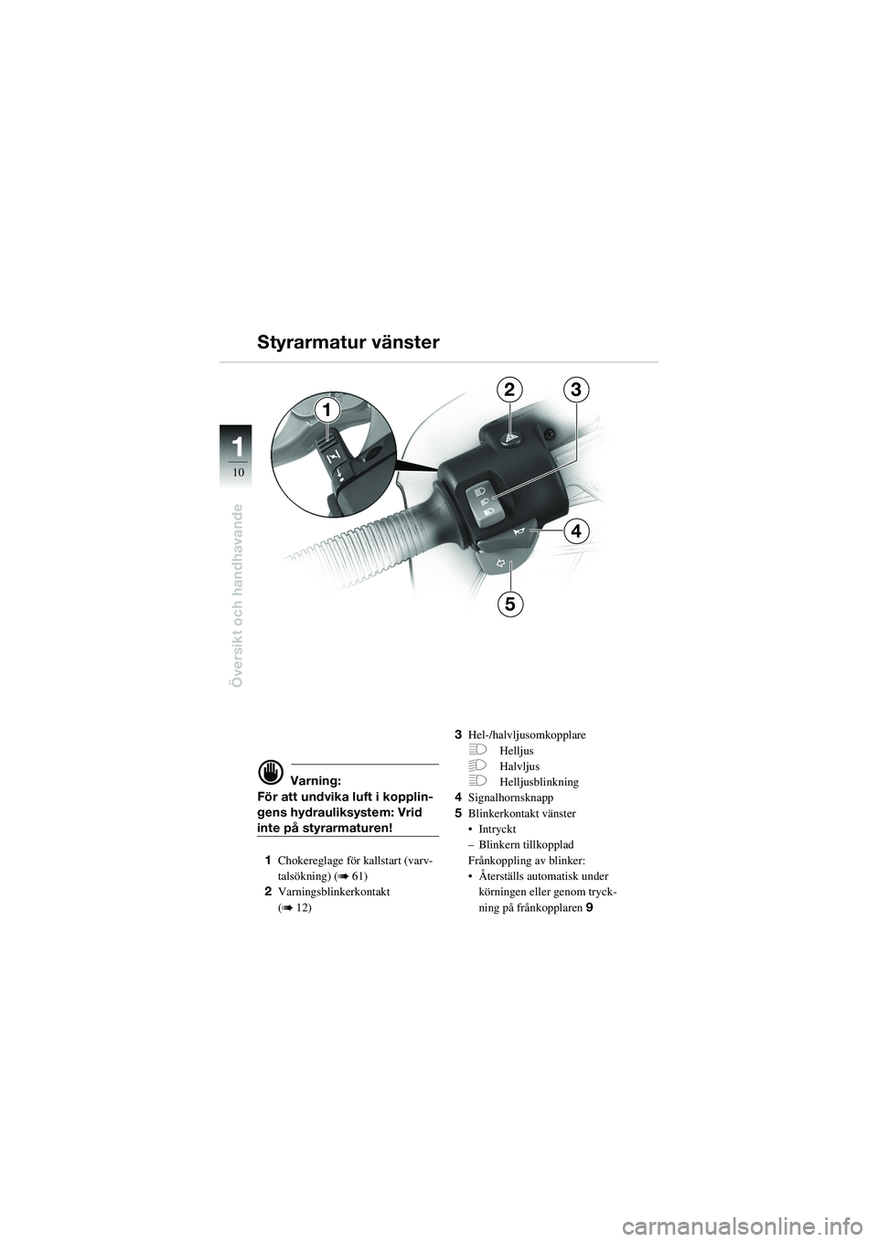 BMW MOTORRAD R 1100 S 2002  Instruktionsbok (in Swedish) 11
10
Översikt och handhavande
d Varning:
För att undvika luft i kopplin-
gens hydrauliksystem: Vrid 
inte på styrarmaturen!
1 Chokereglage för  kallstart (varv-
talsökning) (
b 61)
2 Varningsbli