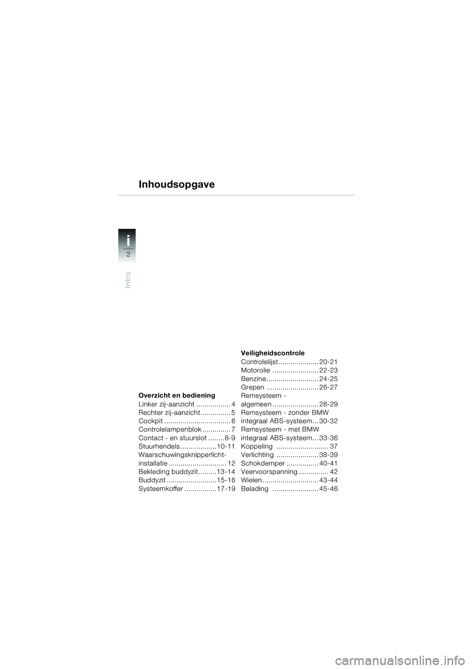 BMW MOTORRAD R 1100 S 2002  Handleiding (in Dutch) i
Intro12
2
12
i
Overzicht en bediening
Linker zij-aanzicht ................. 4
Rechter zij-aanzicht............... 5
Cockpit ................................. 6
Controlelampenblok .............. 7
Co