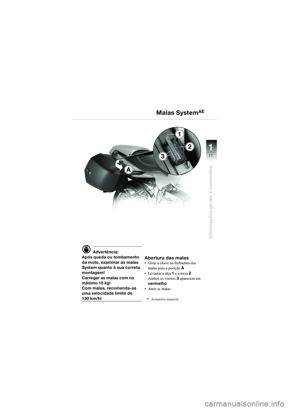BMW MOTORRAD R 1100 S 2002  Manual do condutor (in Portuguese) 11
17
Informações gerais e comandos
A
3
1
2
d Advertência:
Após queda ou tombamento 
da moto, examinar as malas 
System quanto à sua correta 
montagem!
Carregar as malas com no 
máximo 10 kg!
Co