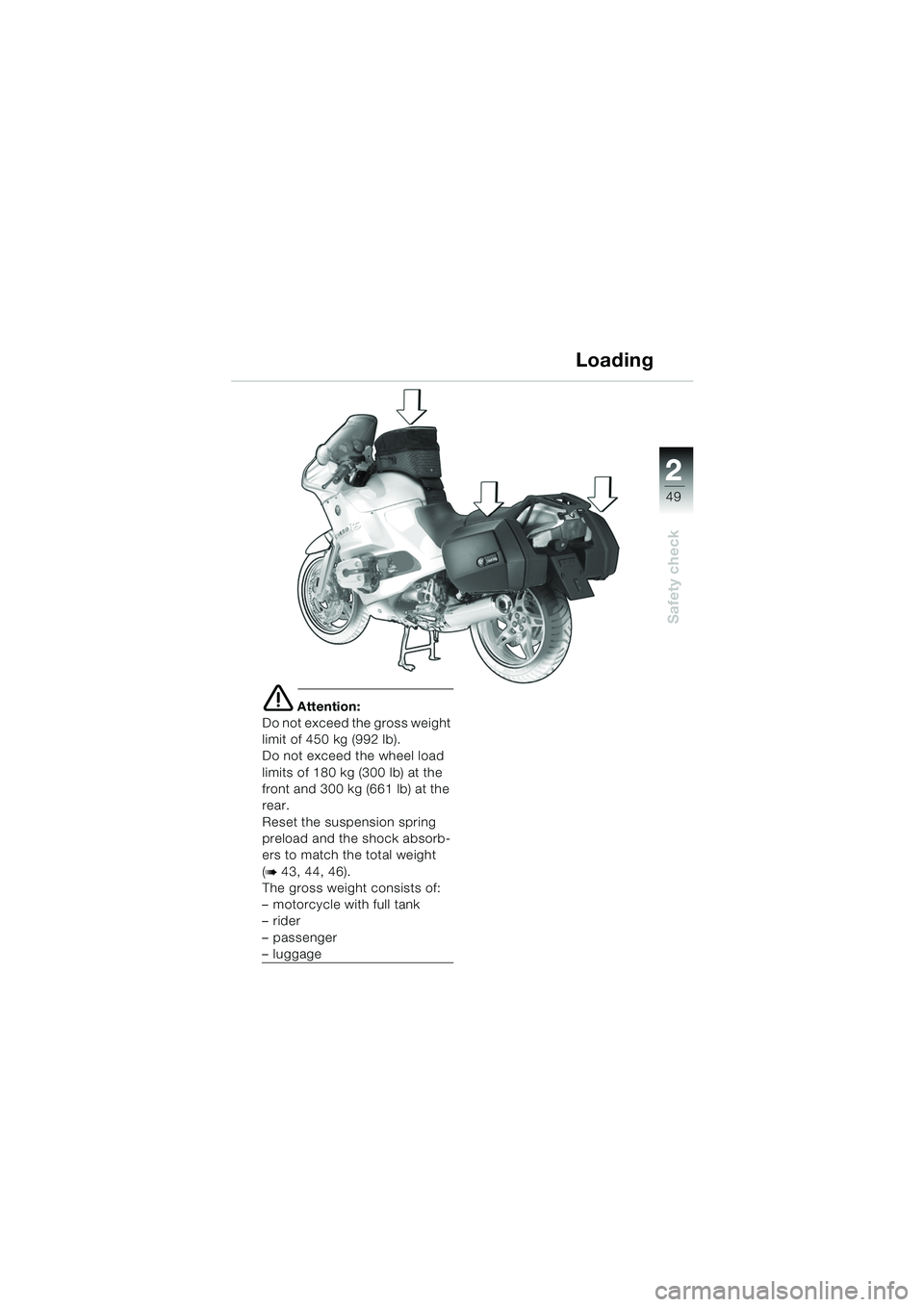 BMW MOTORRAD R 1150 RS 2002  Riders Manual (in English) 2
49
2
Safety check
e Attention:
Do not exceed the gross weight 
limit of 450 kg (992 lb).
Do not exceed the wheel load 
limits of 180 kg (300 lb) at the 
front and 300 kg (661 lb) at the 
rear.
Reset