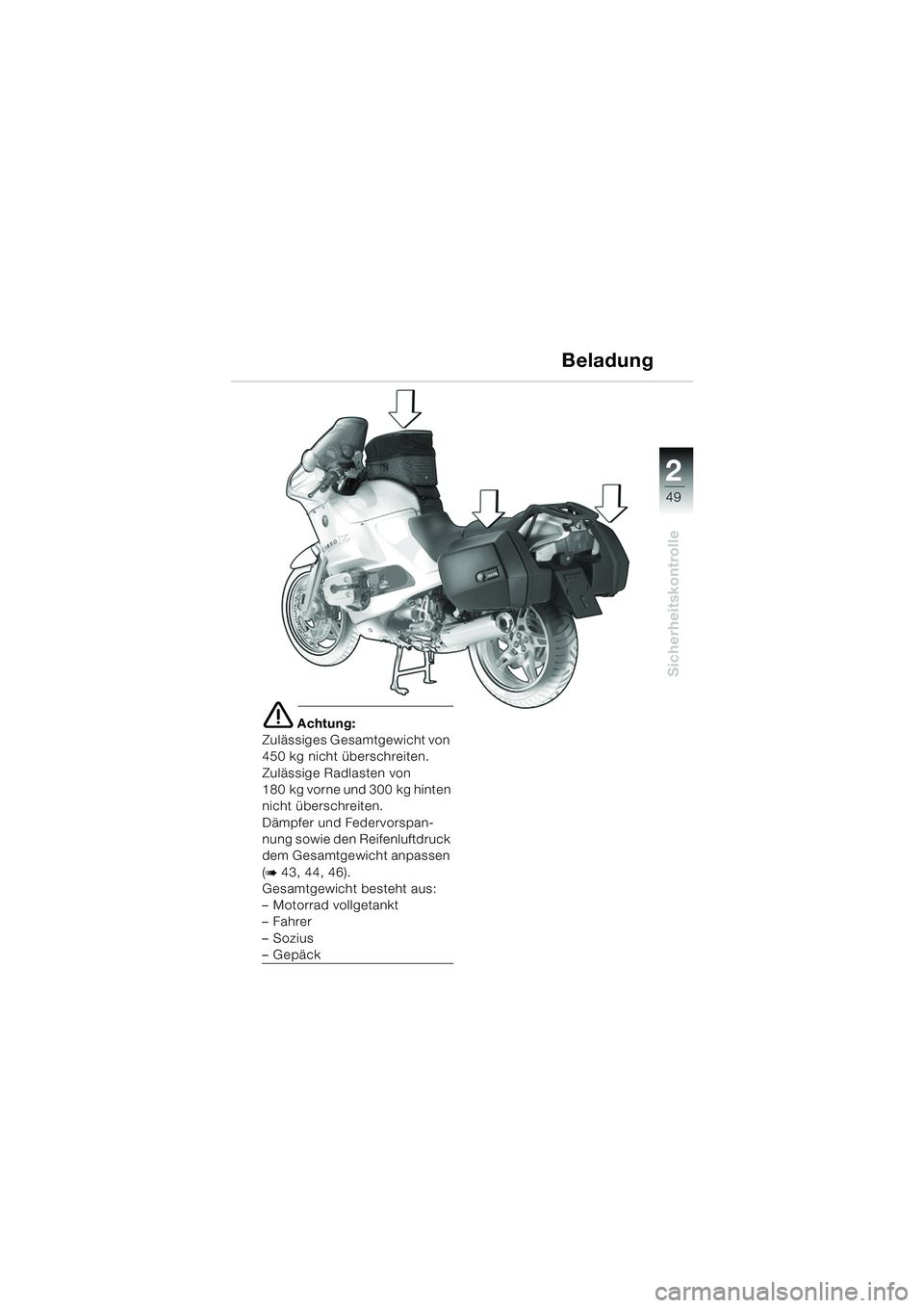 BMW MOTORRAD R 1150 RS 2002 Betriebsanleitung (in German) 2
49
2
Sicherheitskontrolle
e Achtung:
Zulässiges Gesamtgewicht von
450 kg nicht überschreiten.
Zulässige Radlasten von
180 kg vorne und 300 kg hinten
nicht überschreiten.
Dämpfer und Federvor BMW MOTORRAD R 1150 RS 2002 Betriebsanleitung (in German) 2
49
2
Sicherheitskontrolle
e Achtung:
Zulässiges Gesamtgewicht von
450 kg nicht überschreiten.
Zulässige Radlasten von
180 kg vorne und 300 kg hinten
nicht überschreiten.
Dämpfer und Federvor