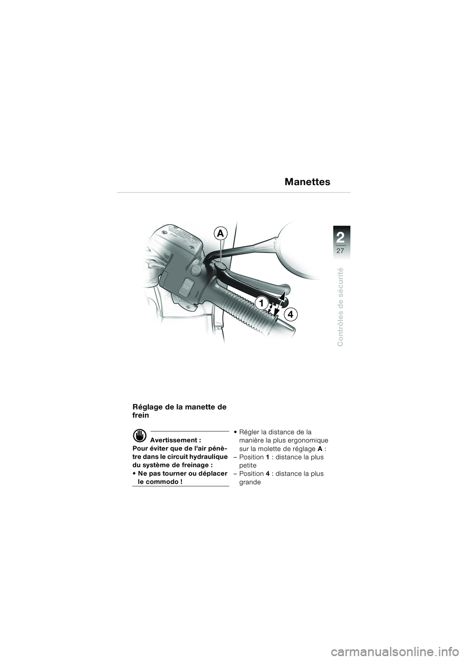 BMW MOTORRAD R 1150 RS 2002  Livret de bord (in French) 2
27
2
Contrôles de sécurité
1
4
A
Réglage de la manette de 
frein
d Avertissement :
Pour éviter que de lair pénè-
tre dans le circuit hydraulique 
du système de freinage : 
 Ne pas tourner 