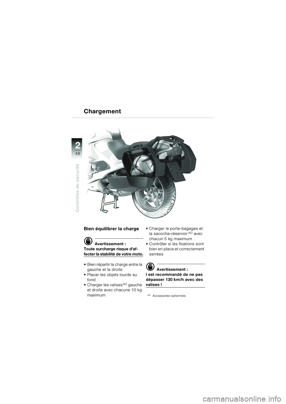BMW MOTORRAD R 1150 RS 2002 Livret de bord (in French) 22
48
Contrôles de sécurité
Bien équilibrer la charge
d Avertissement :
Toute surcharge risque d’af-
fecter la stabilité de votre moto.
Bien répartir la charge entre la gauche et la droite
BMW MOTORRAD R 1150 RS 2002 Livret de bord (in French) 22
48
Contrôles de sécurité
Bien équilibrer la charge
d Avertissement :
Toute surcharge risque d’af-
fecter la stabilité de votre moto.
Bien répartir la charge entre la gauche et la droite