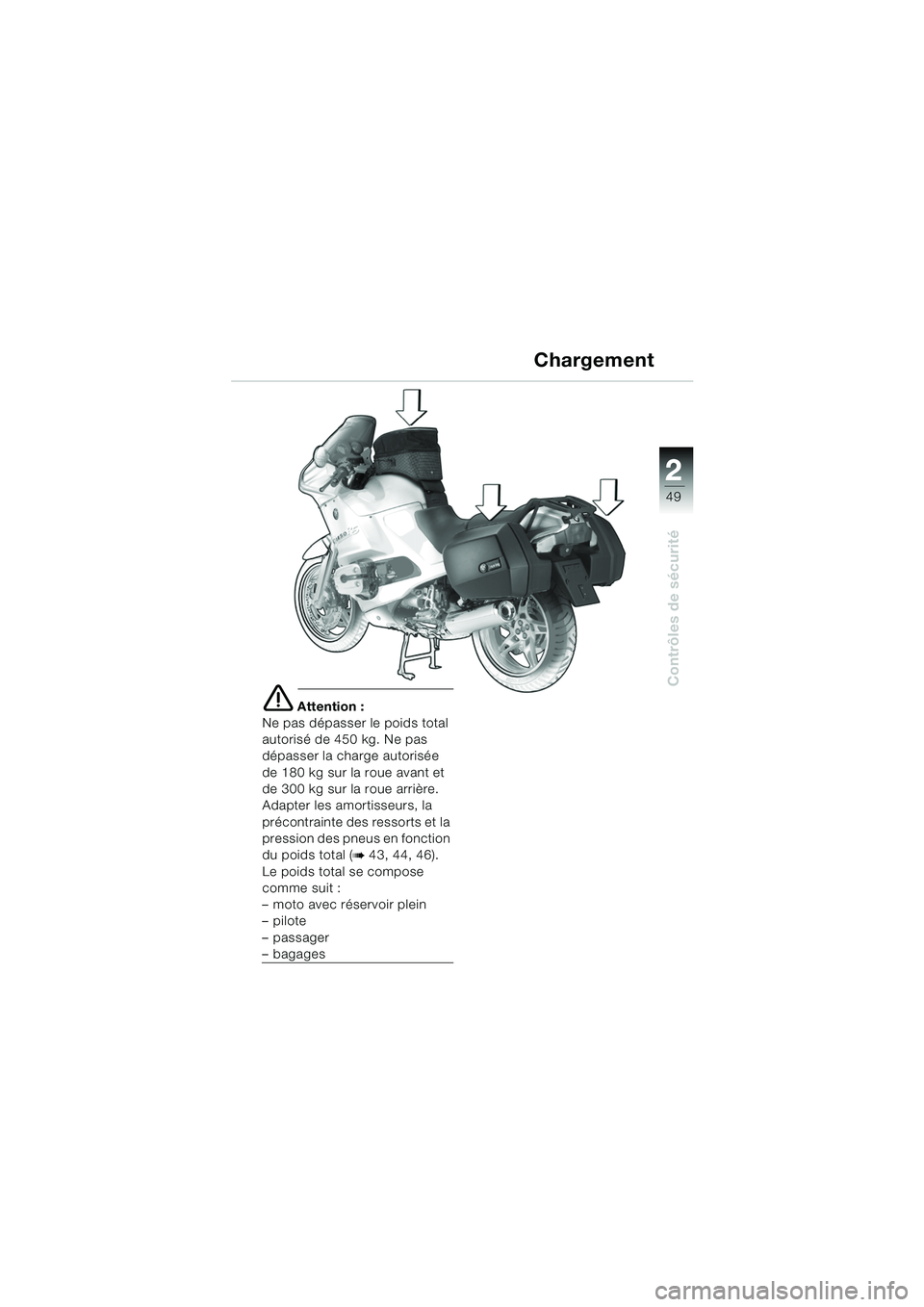 BMW MOTORRAD R 1150 RS 2002 Livret de bord (in French) 2
49
2
Contrôles de sécurité
e Attention :
Ne pas dépasser le poids total
autorisé de 450 kg. Ne pas
dépasser la charge autorisée
de 180 kg sur la roue avant et
de 300 kg sur la roue arriè BMW MOTORRAD R 1150 RS 2002 Livret de bord (in French) 2
49
2
Contrôles de sécurité
e Attention :
Ne pas dépasser le poids total
autorisé de 450 kg. Ne pas
dépasser la charge autorisée
de 180 kg sur la roue avant et
de 300 kg sur la roue arriè