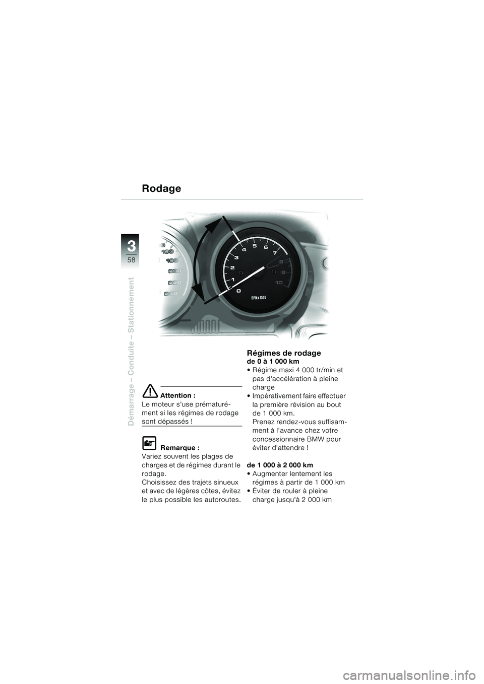 BMW MOTORRAD R 1150 RS 2002 Livret de bord (in French) 33
58
Démarrage – Conduite – Stationnement
e Attention :
Le moteur suse prématuré-
ment si les régimes de rodage
sont dépassés !
L Remarque :
Variez souvent les plages de
charges et de rà BMW MOTORRAD R 1150 RS 2002 Livret de bord (in French) 33
58
Démarrage – Conduite – Stationnement
e Attention :
Le moteur suse prématuré-
ment si les régimes de rodage
sont dépassés !
L Remarque :
Variez souvent les plages de
charges et de rÃ