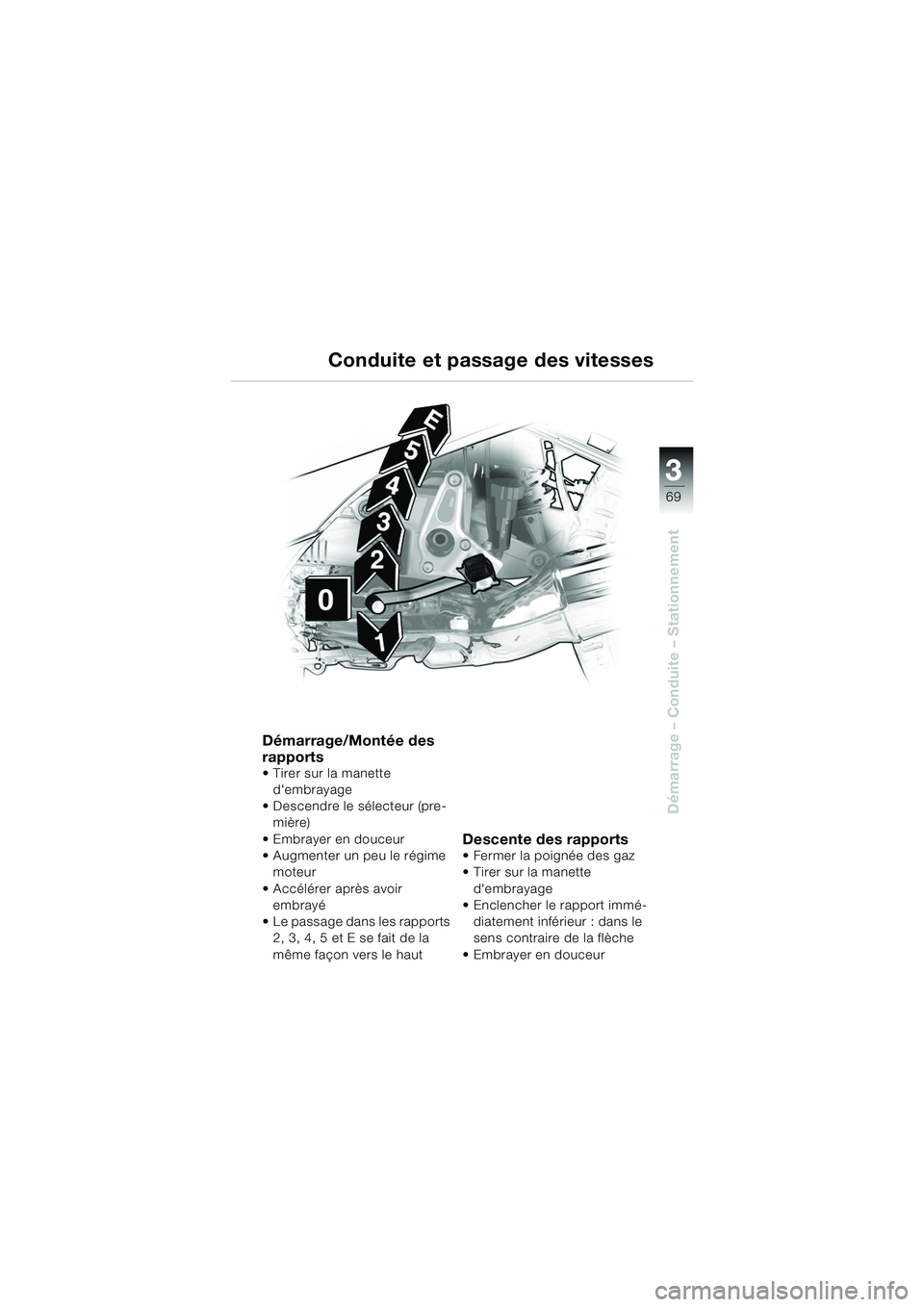 BMW MOTORRAD R 1150 RS 2002  Livret de bord (in French) 3
69
3
Démarrage – Conduite – Stationnement
Démarrage/Montée des 
rapports
 Tirer sur la manette dembrayage
 Descendre le sélecteur (pre- mière)
Embrayer en douceur
 Augmenter un peu le 