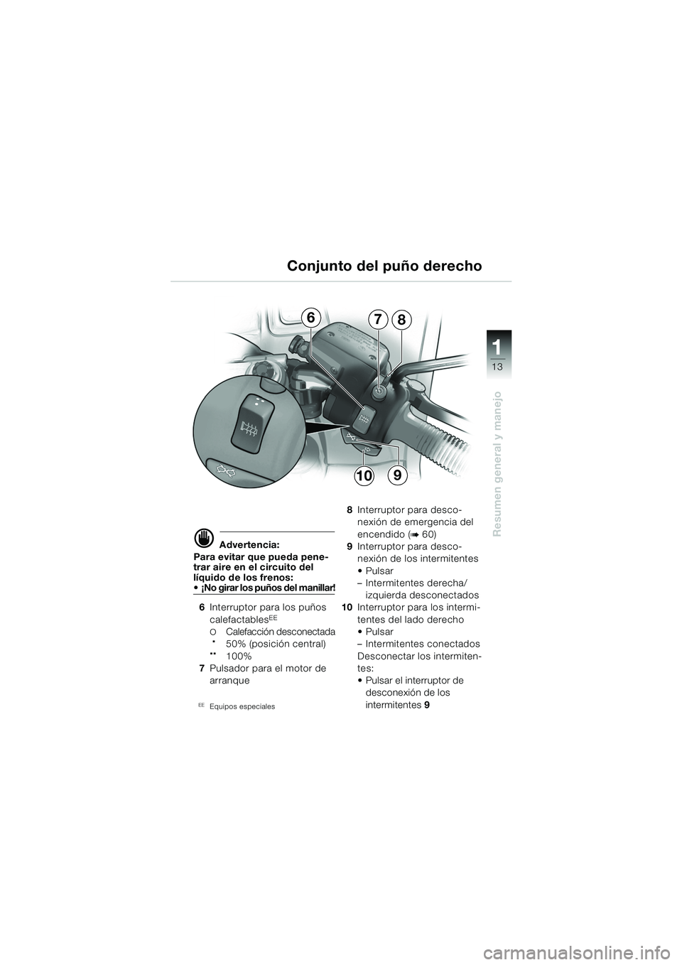BMW MOTORRAD R 1150 RS 2002 Manual de instrucciones (in Spanish) 1
Resumen general y manejo
13
678
109
d Advertencia:
Para evitar que pueda pene-
trar aire en el circuito del
lÃquido de los frenos:
¡No girar los puños del manillar!
6 Interruptor para los puà BMW MOTORRAD R 1150 RS 2002 Manual de instrucciones (in Spanish) 1
Resumen general y manejo
13
678
109
d Advertencia:
Para evitar que pueda pene-
trar aire en el circuito del
lÃquido de los frenos:
¡No girar los puños del manillar!
6 Interruptor para los puÃ