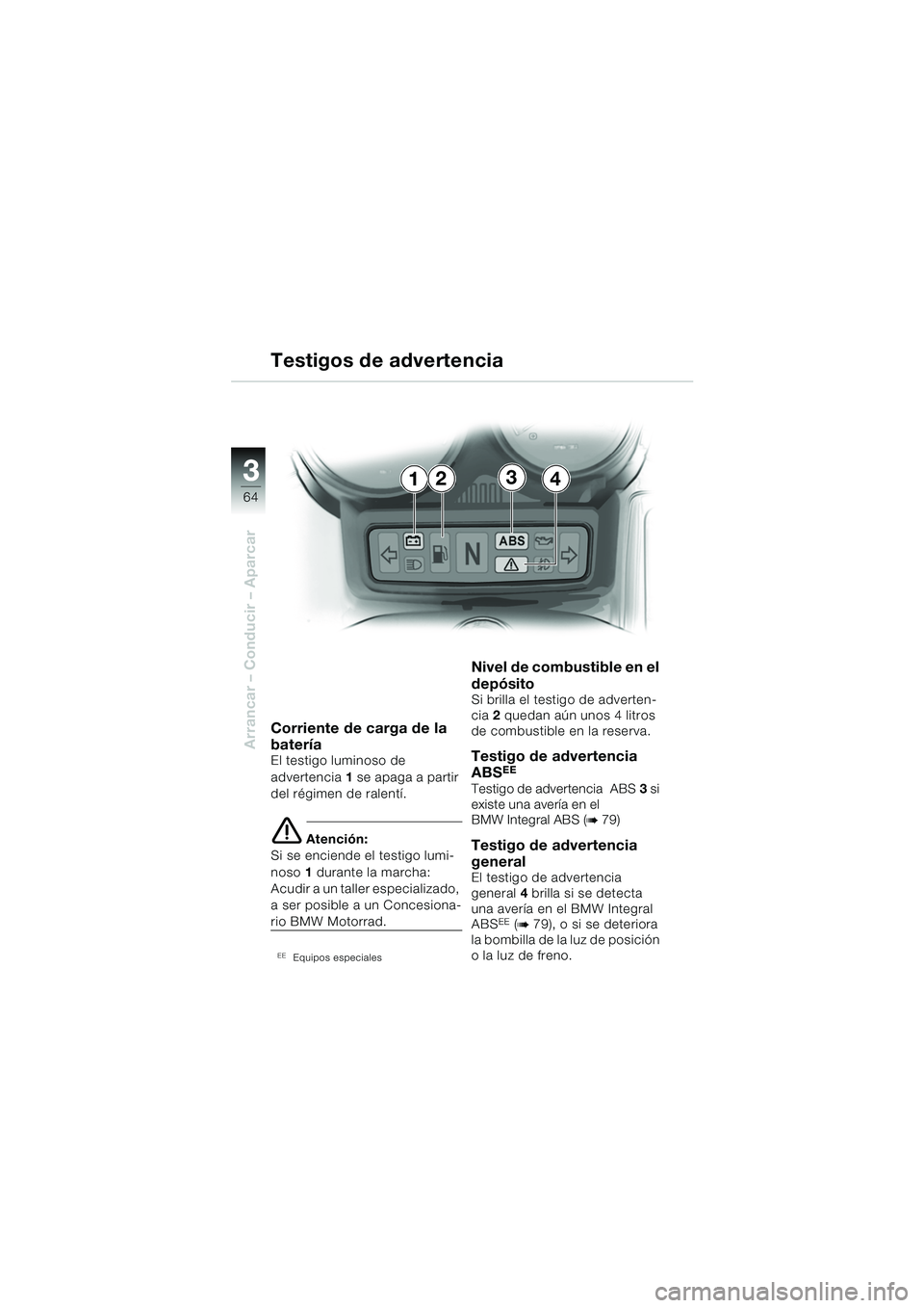 BMW MOTORRAD R 1150 RS 2002 Manual de instrucciones (in Spanish) 33
64
Arrancar – Conducir – Aparcar
1234
Corriente de carga de la
batería
El testigo luminoso de
advertencia1 se apaga a partir
del régimen de ralentí.
e Atención:
Si se enciende el testigo BMW MOTORRAD R 1150 RS 2002 Manual de instrucciones (in Spanish) 33
64
Arrancar – Conducir – Aparcar
1234
Corriente de carga de la
batería
El testigo luminoso de
advertencia1 se apaga a partir
del régimen de ralentí.
e Atención:
Si se enciende el testigo