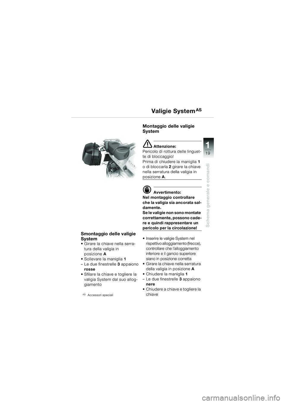 BMW MOTORRAD R 1150 RS 2002 Libretto di uso e manutenzione (in Italian) 1
Schema generale e comandi
19
Smontaggio delle valigie
System
Girare la chiave nella serra-tura della valigia in
posizione A
Sollevare la maniglia 1
– Le due finestrelle 3 appaiono
rosse BMW MOTORRAD R 1150 RS 2002 Libretto di uso e manutenzione (in Italian) 1
Schema generale e comandi
19
Smontaggio delle valigie
System
Girare la chiave nella serra-tura della valigia in
posizione A
Sollevare la maniglia 1
– Le due finestrelle 3 appaiono
rosse
