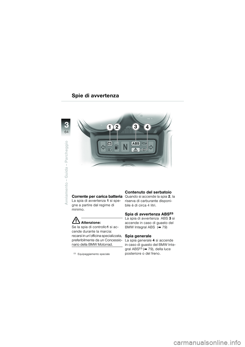 BMW MOTORRAD R 1150 RS 2002  Libretto di uso e manutenzione (in Italian) 33
64
Avviamento – Guida – Parcheggio
1234
Corrente per carica batteriaLa spia di avvertenza1 si spe-
gne a partire dal regime di 
minimo.
e Attenzione:
Se la spia di controllo 1 si ac-
cende dura